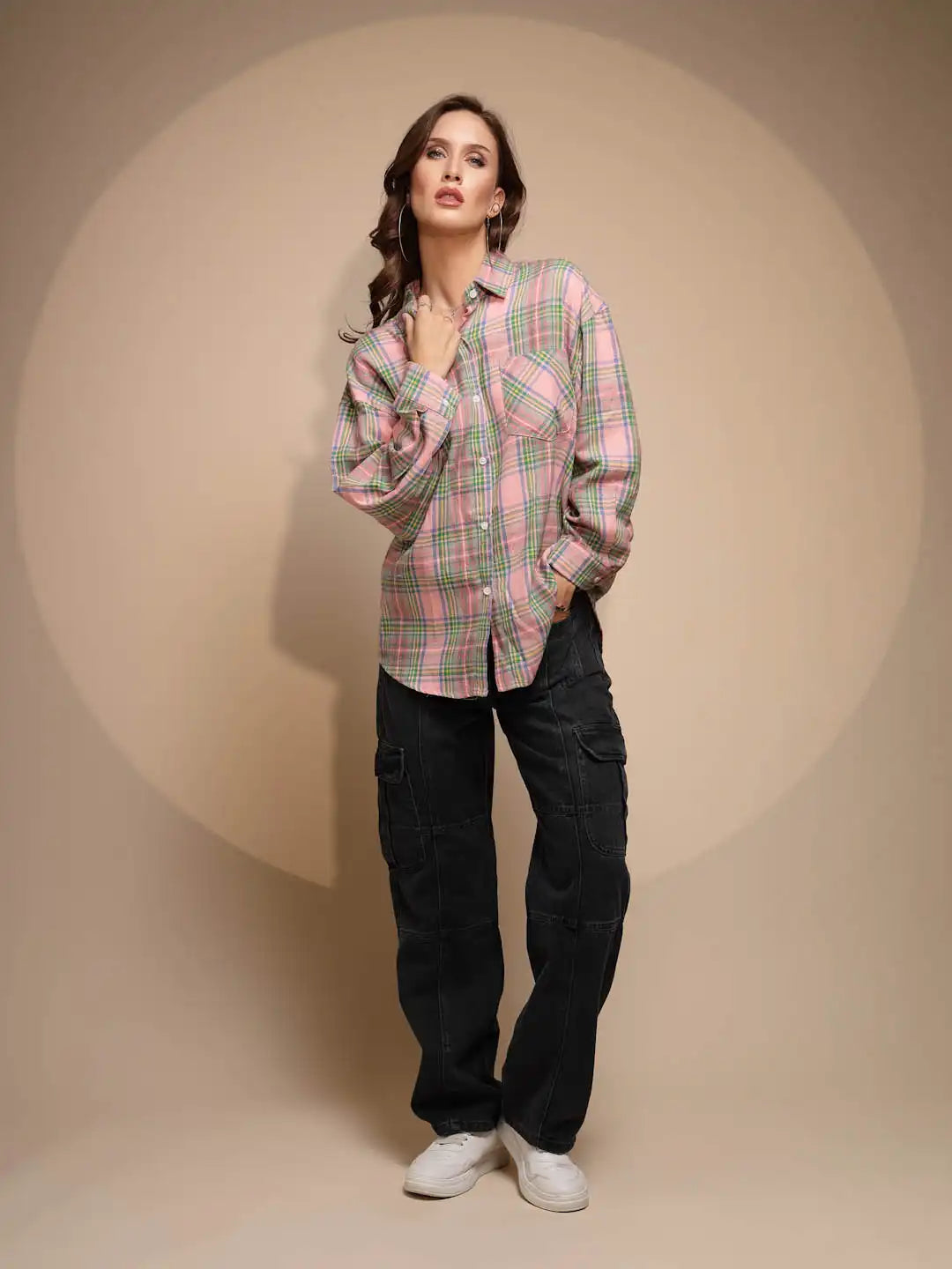 Pink Solid Collared Neck Cotton Check Shirt - Global Republic