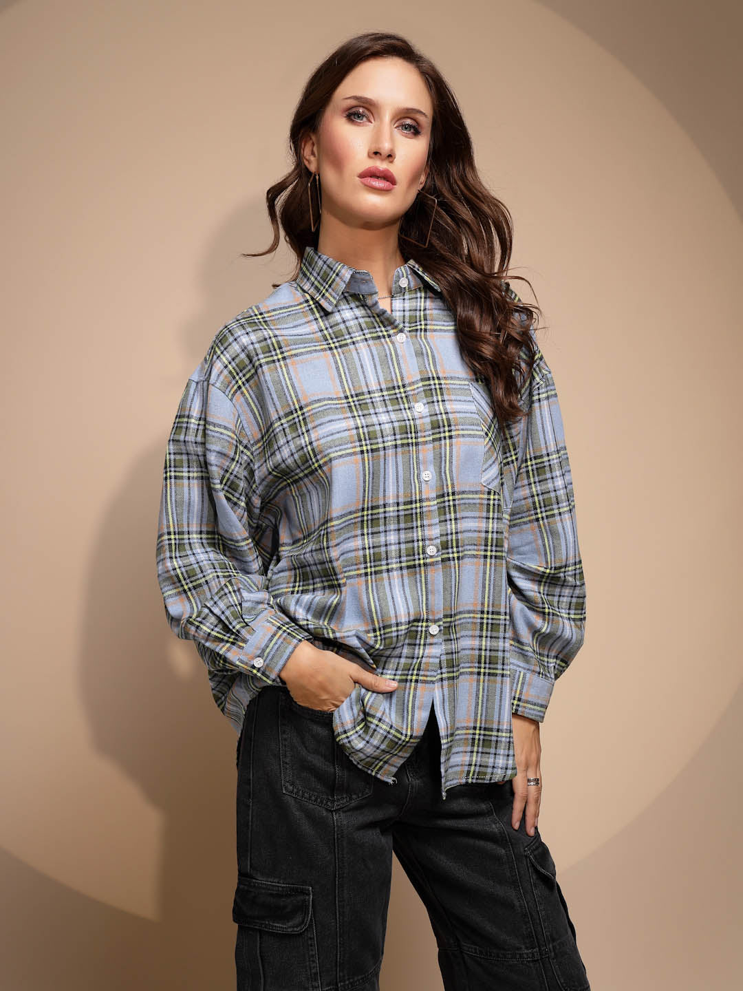 Blue Check Cotton Loose Shirt - Global Republic