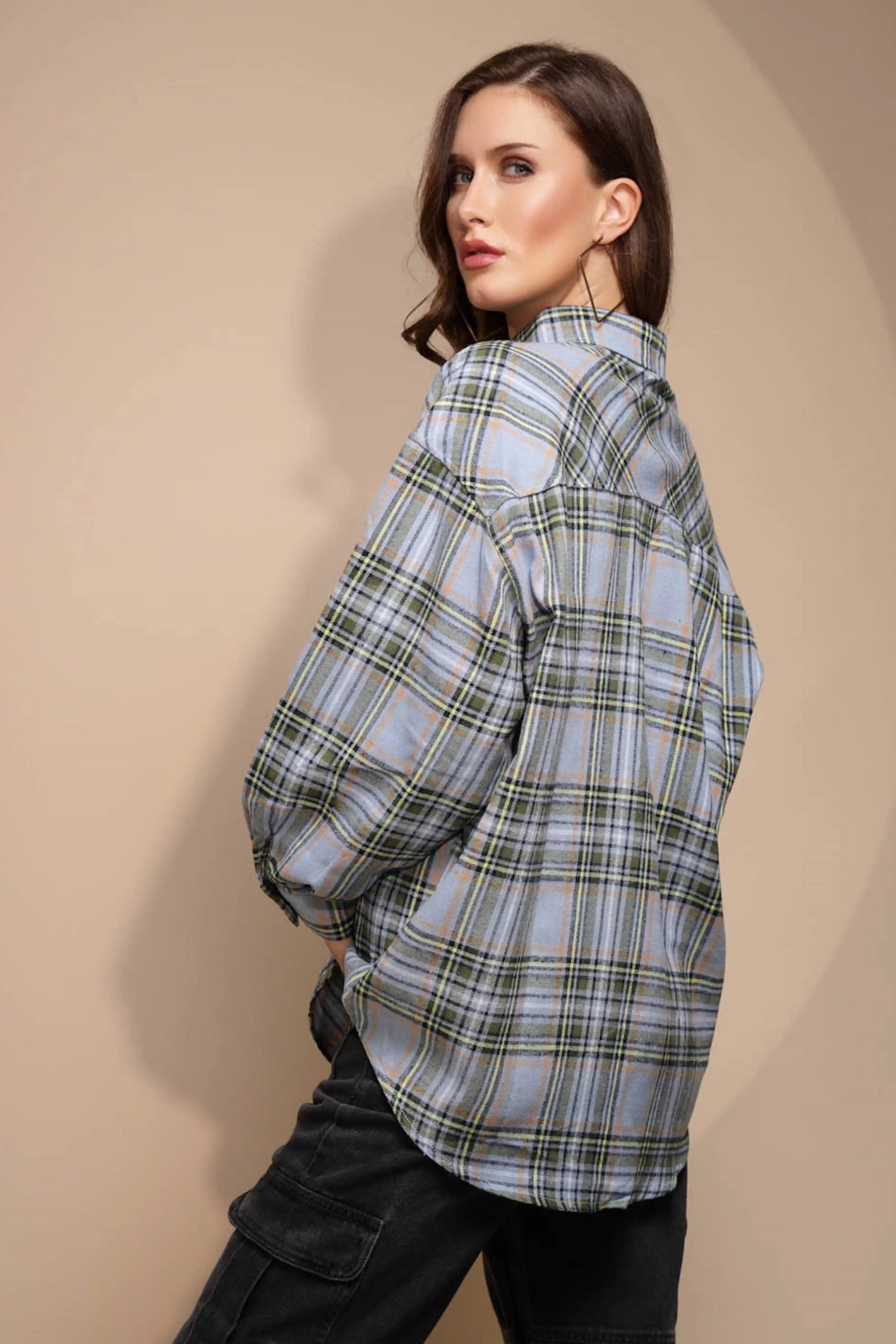 Blue Check Cotton Loose Shirt