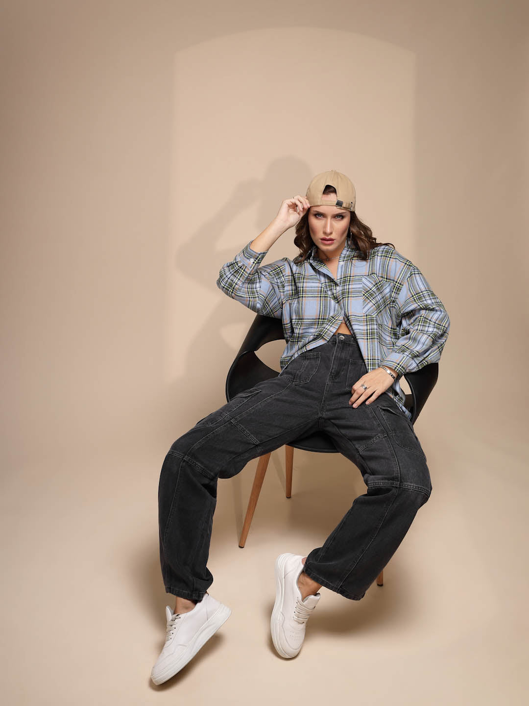 Blue Check Cotton Loose Shirt - Global Republic