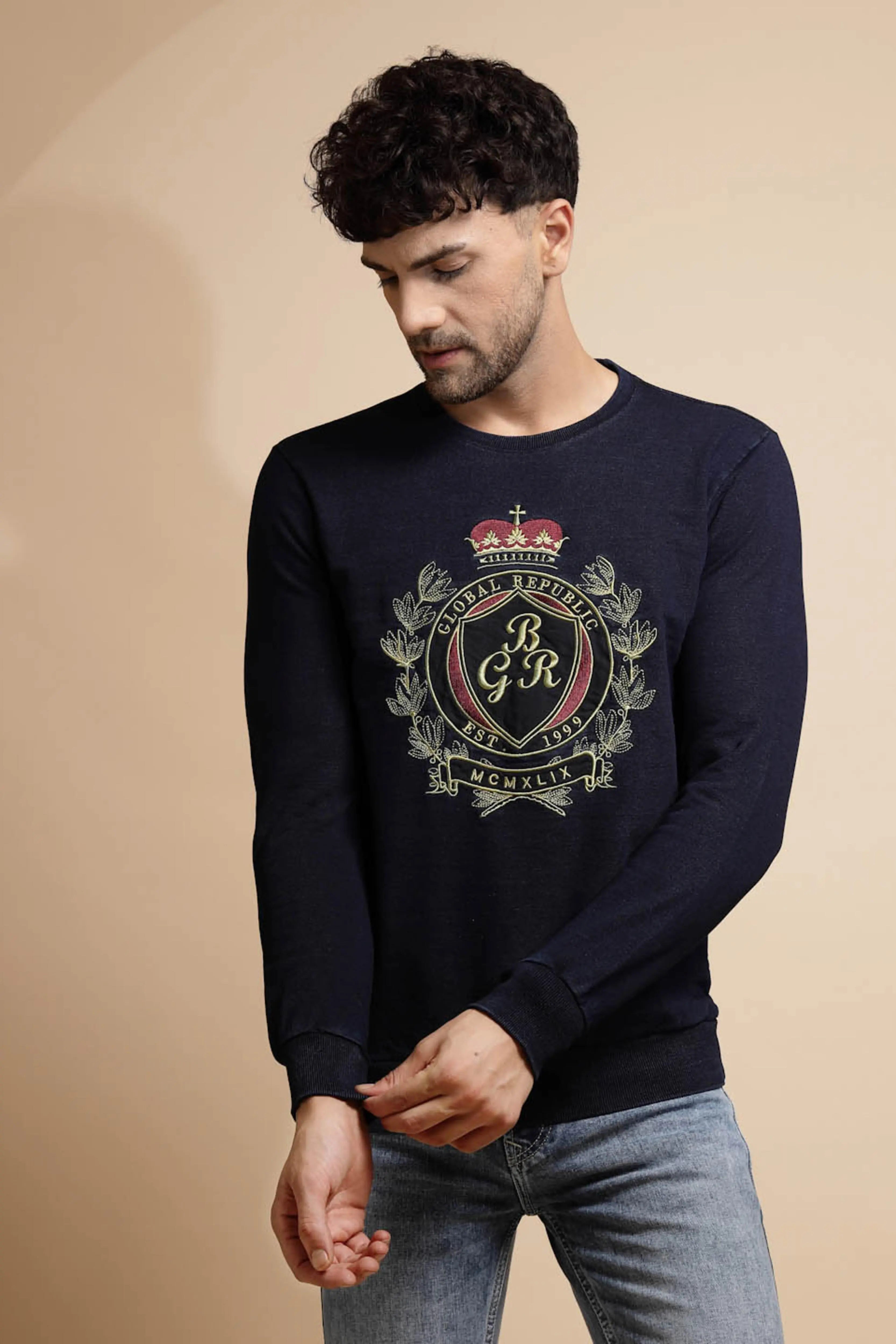 Dark Blue Solid Hosiery Sweatshirt - Global Republic