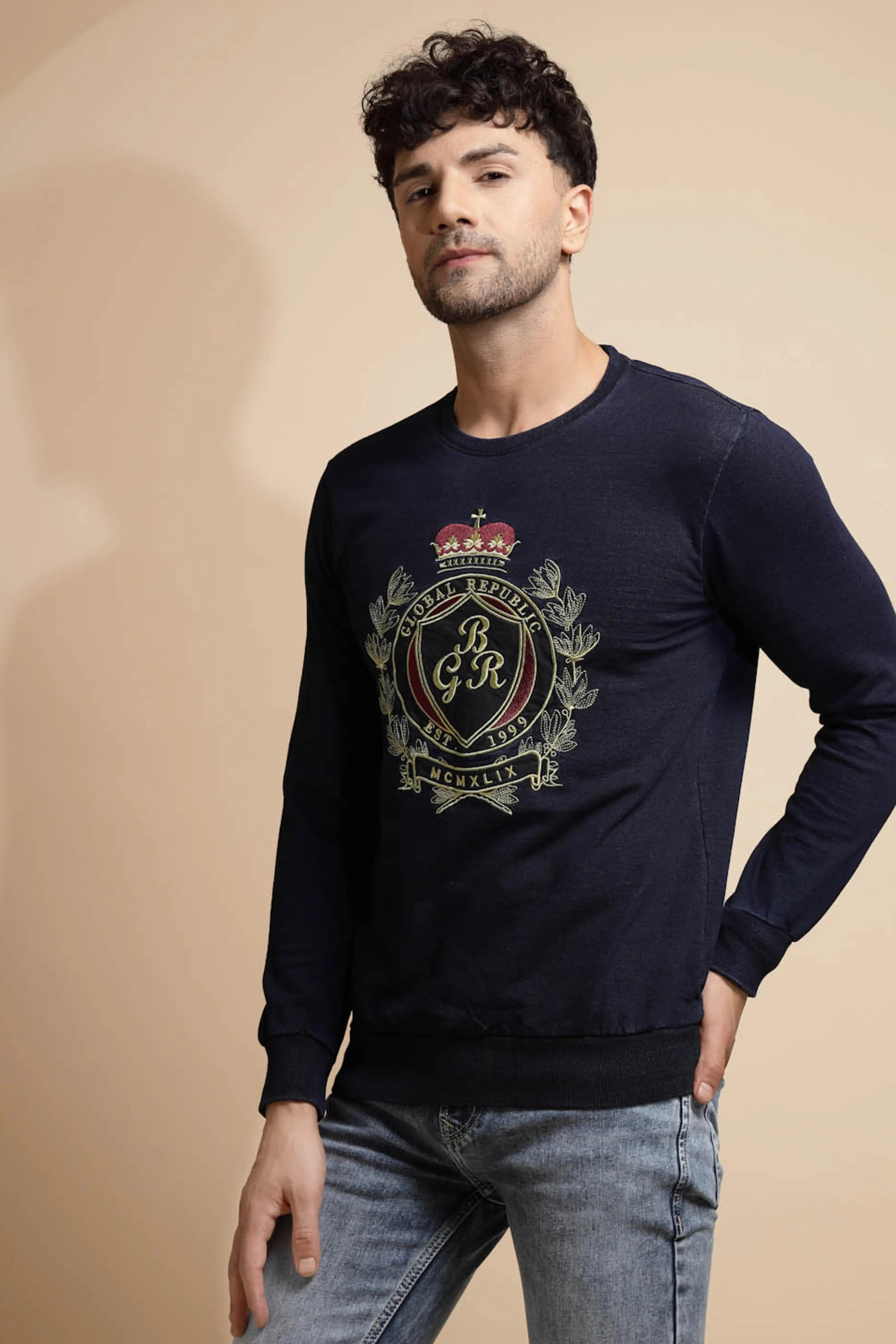 Dark Blue Solid Hosiery Sweatshirt - Global Republic