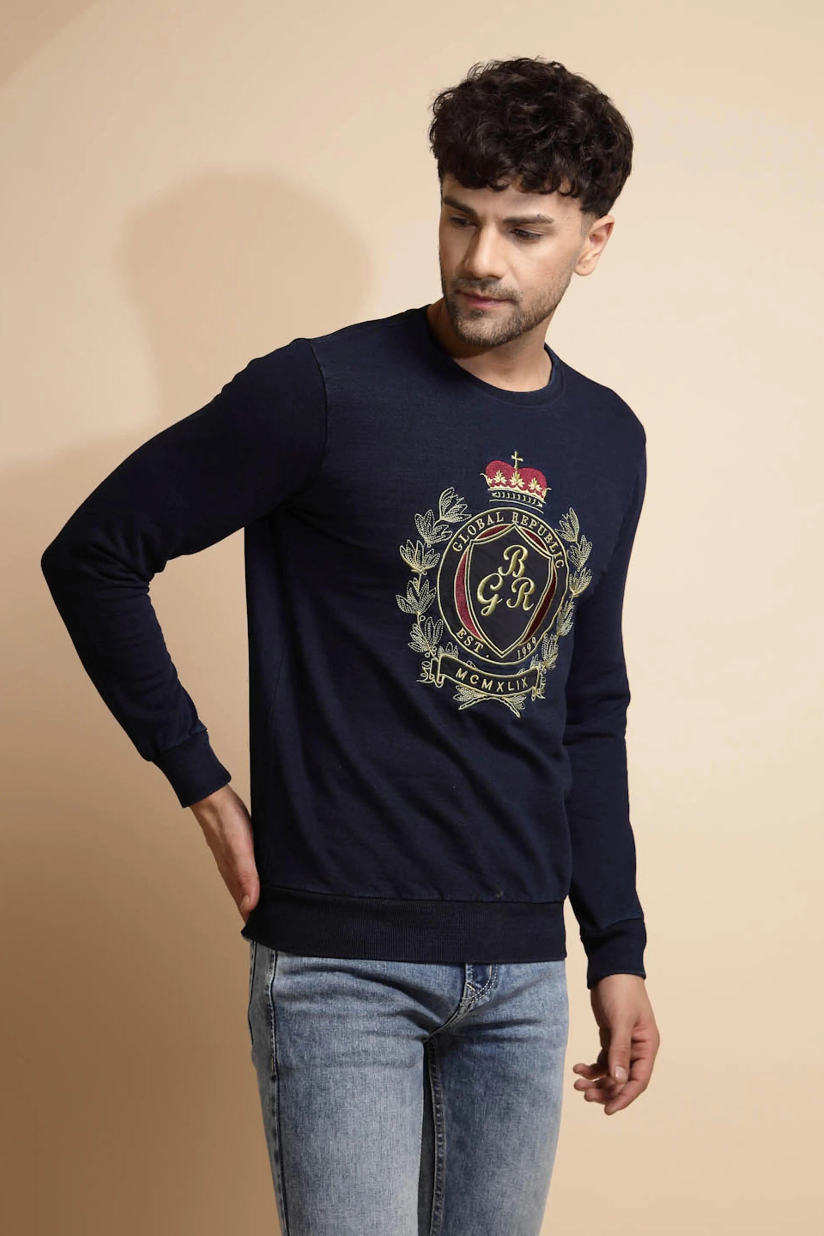 Dark Blue Solid Hosiery Sweatshirt - Global Republic