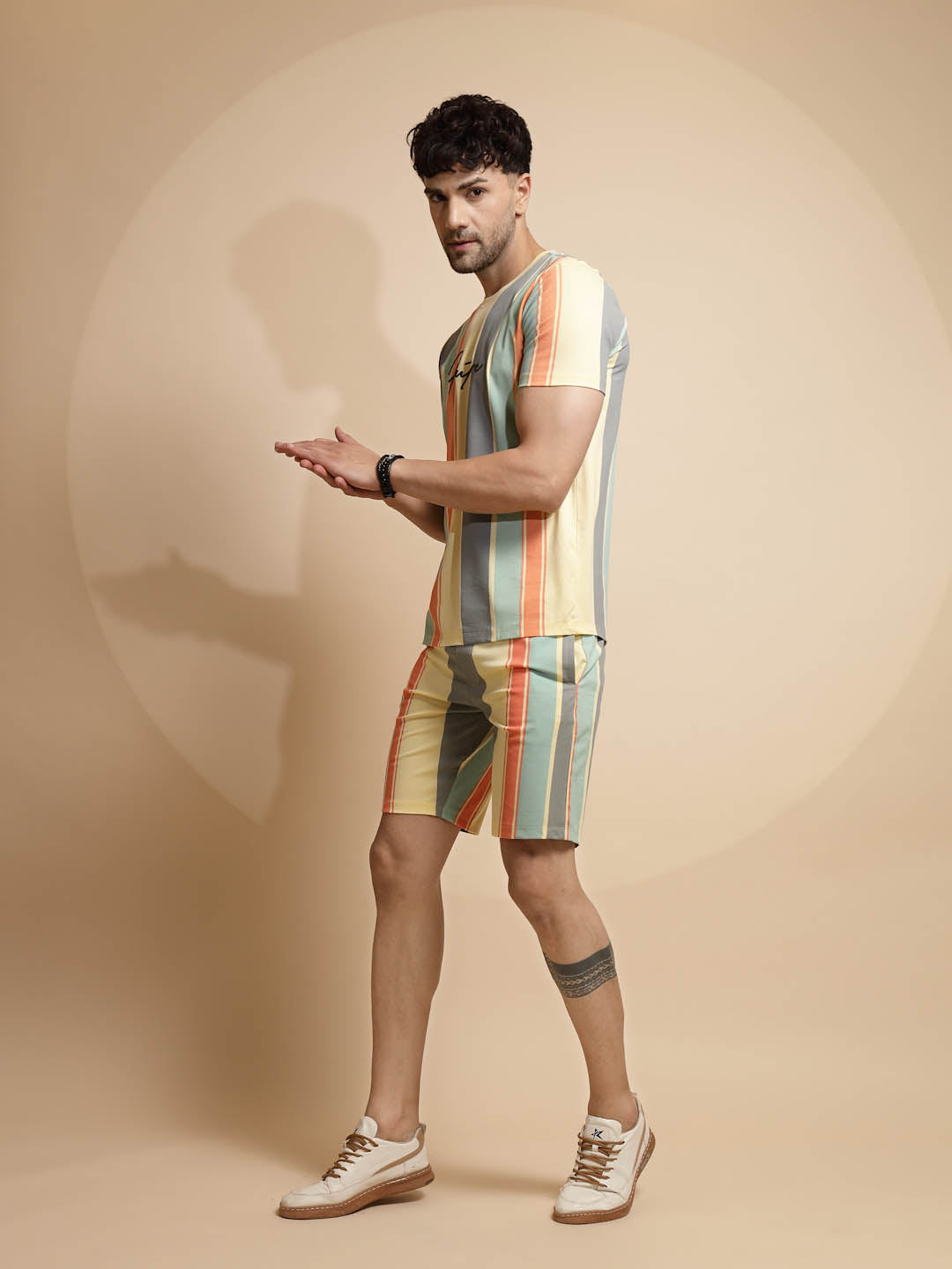 Multicolor Striped Print Half Sleeve Round Neck Short Sets - Global Republic