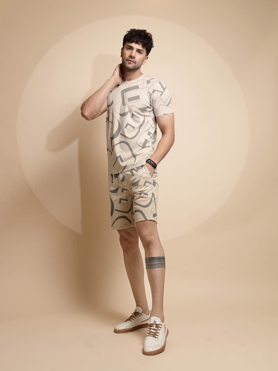 Beige Printed Half Sleeve ester Short Sets - Global Republic