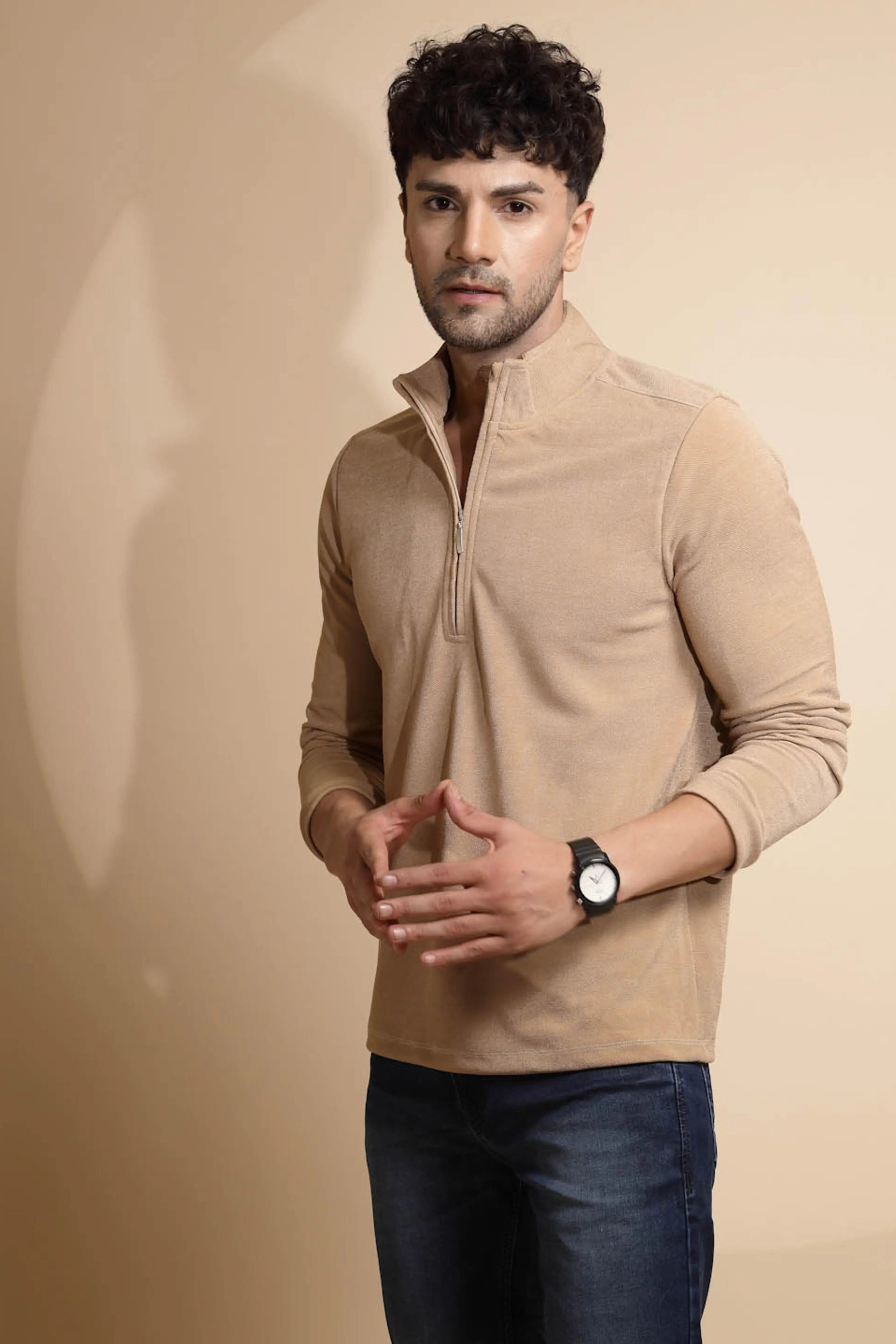 Beige Solid ester T-Shirt - Global Republic