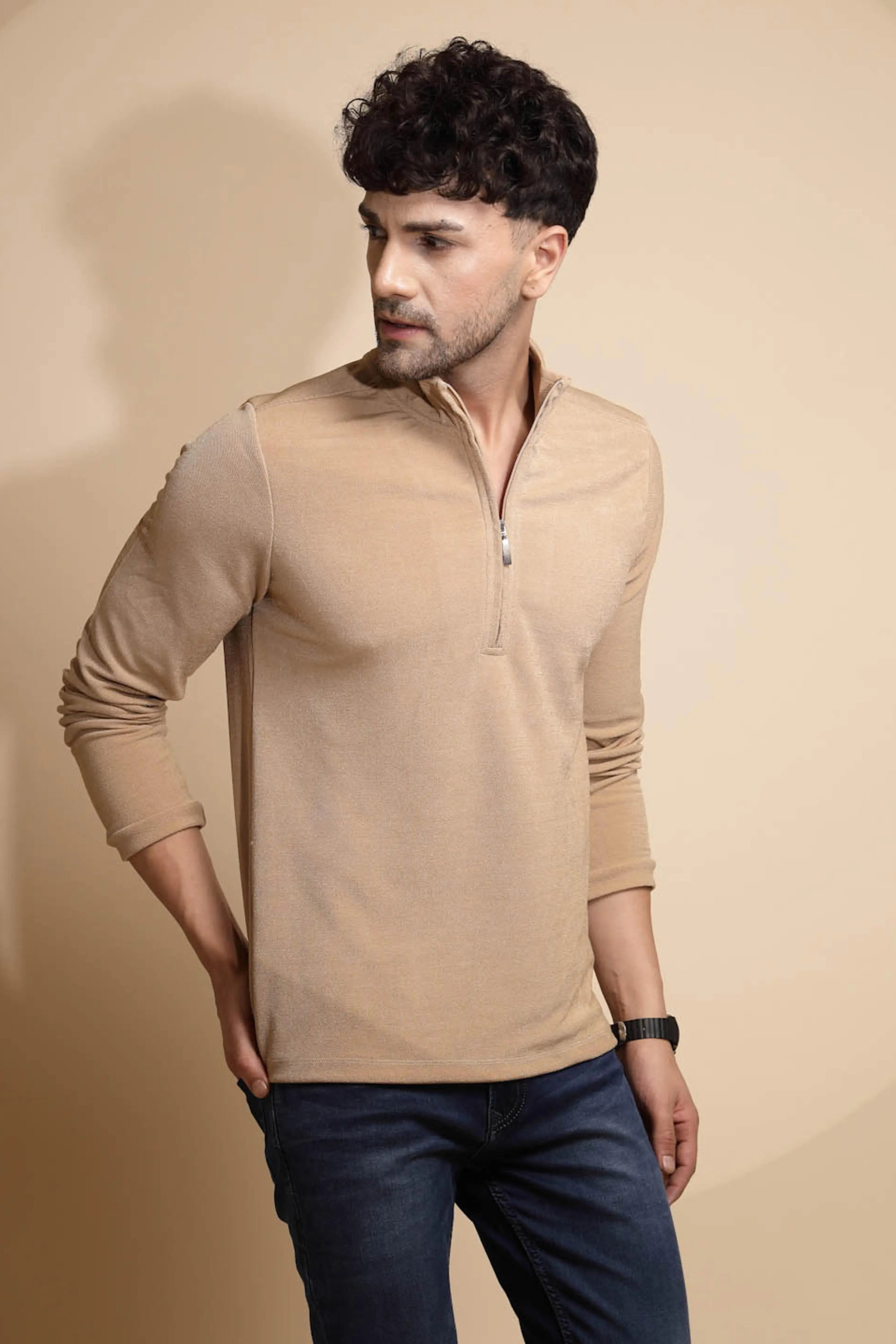Beige Solid ester T-Shirt - Global Republic