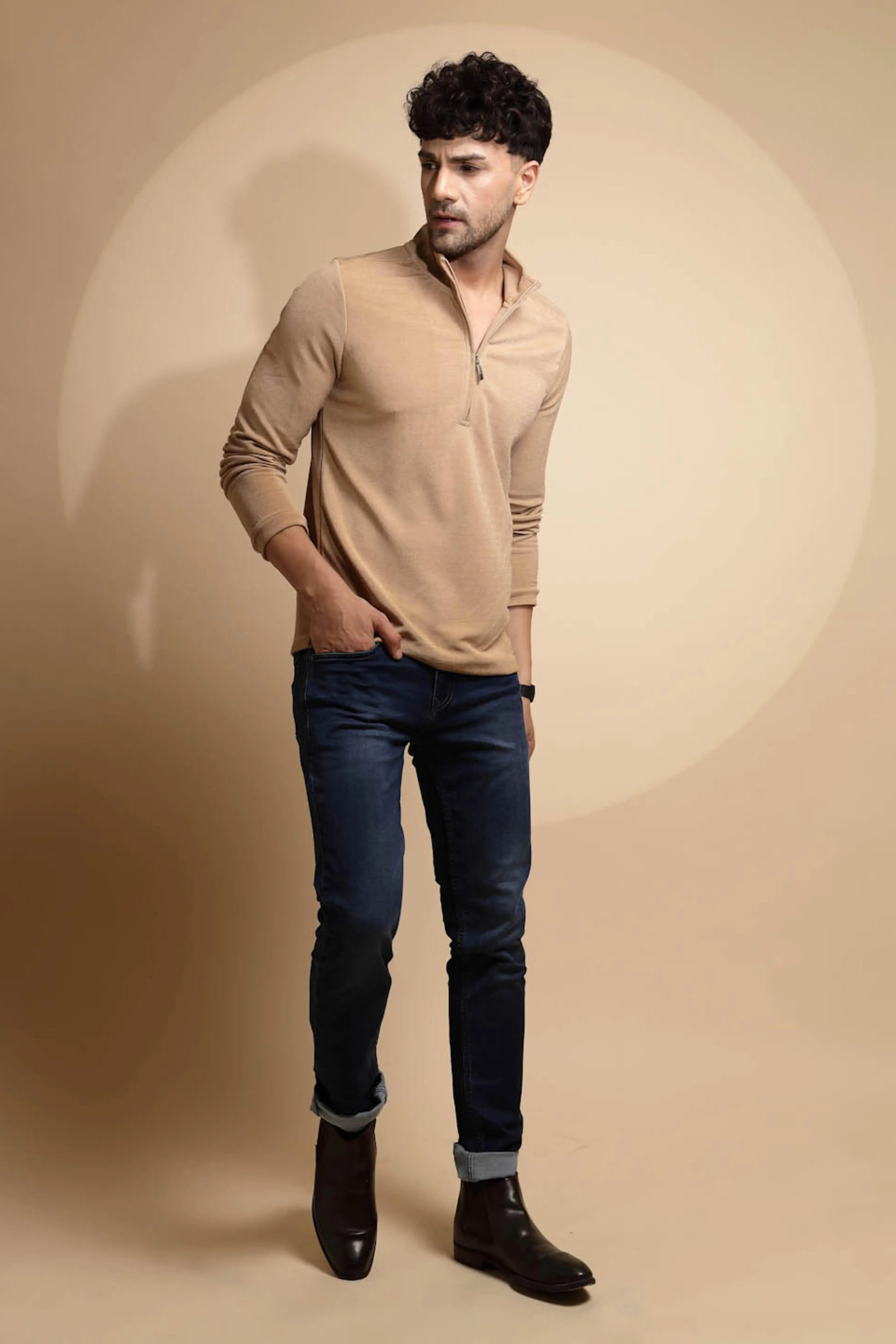 Beige Solid T-Shirt - Global Republic