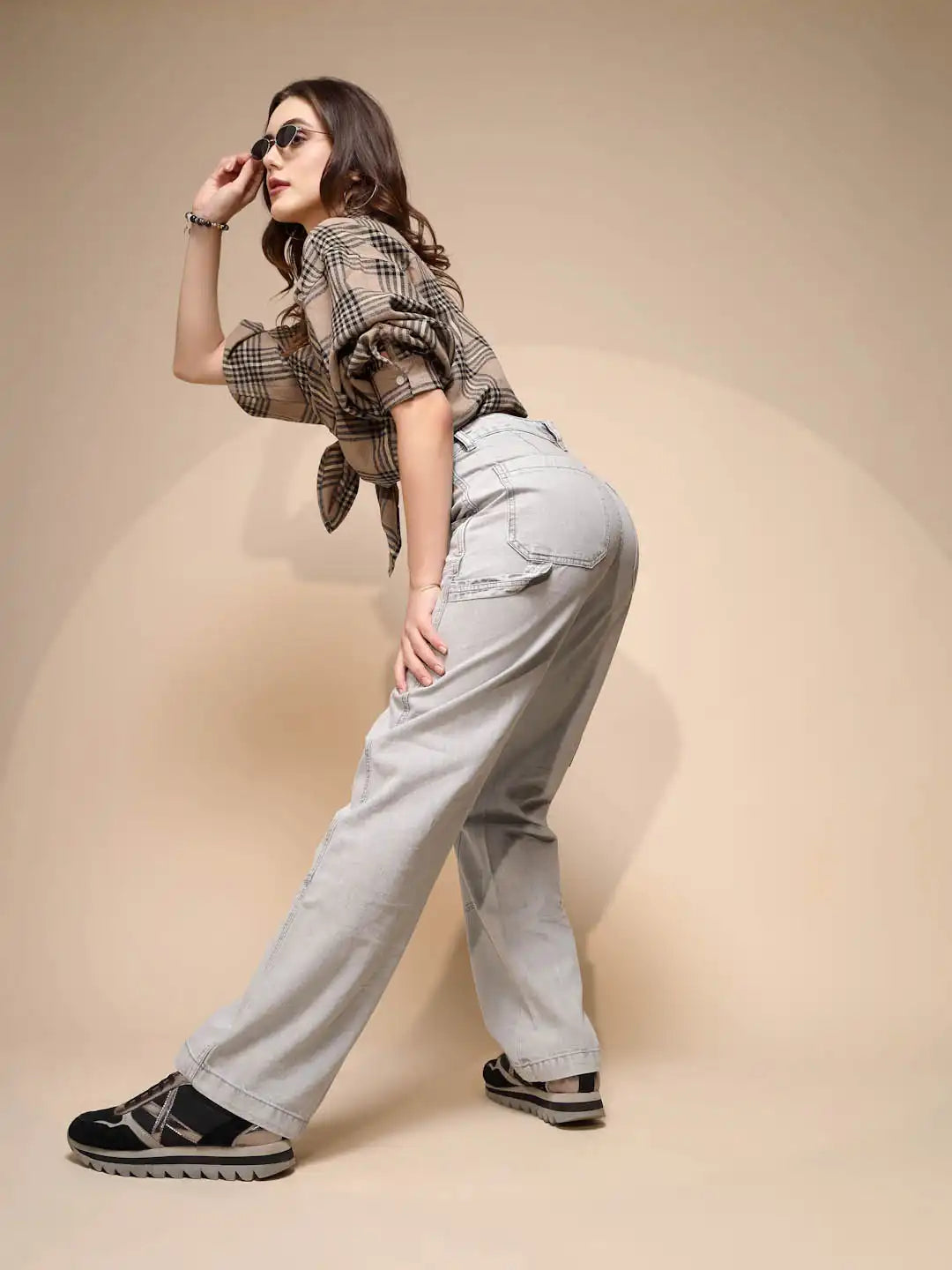 Grey Cotton Blend High Rise Jeans - Global Republic