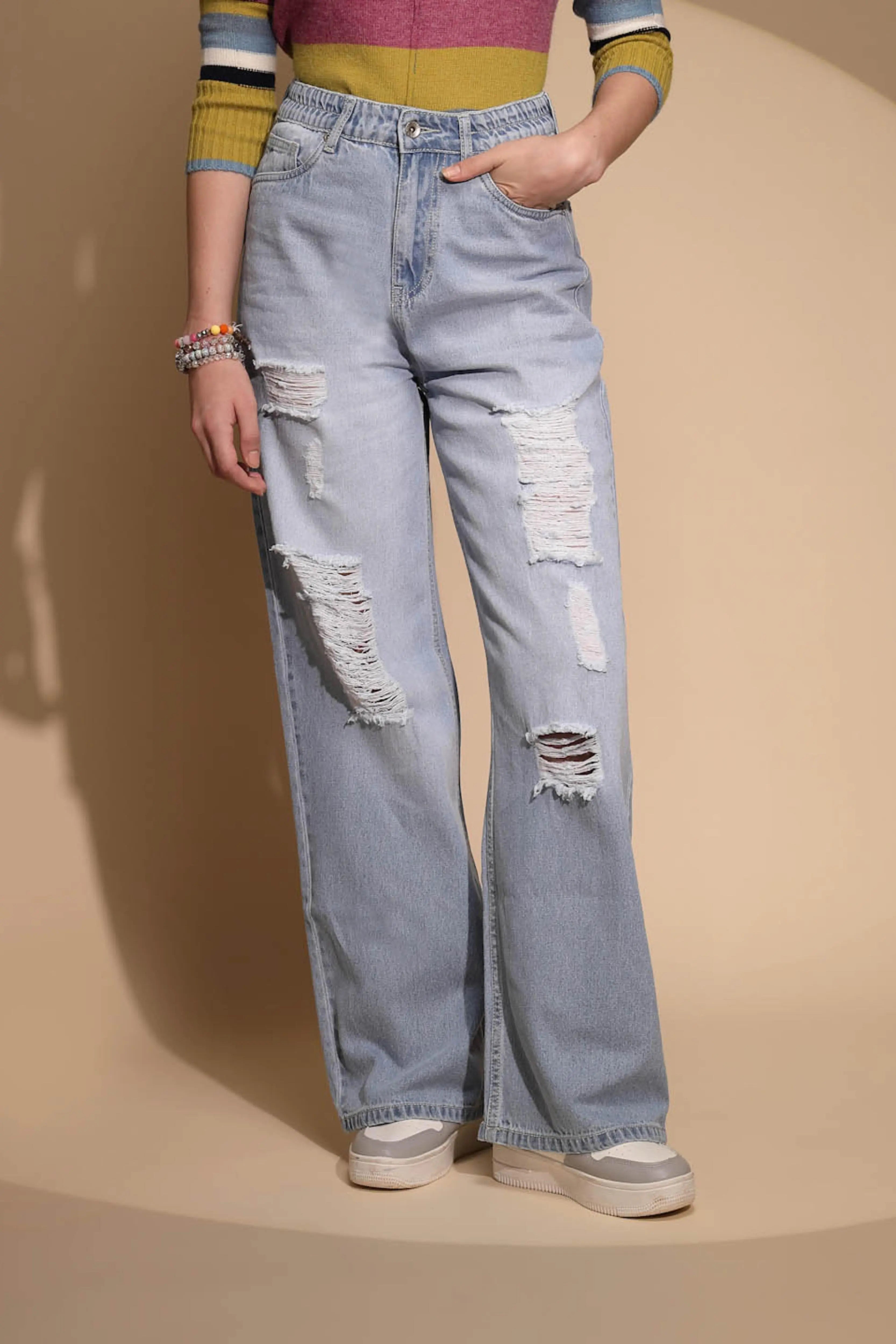 Blue Denim Mid Rise Distressed Jeans - Global Republic