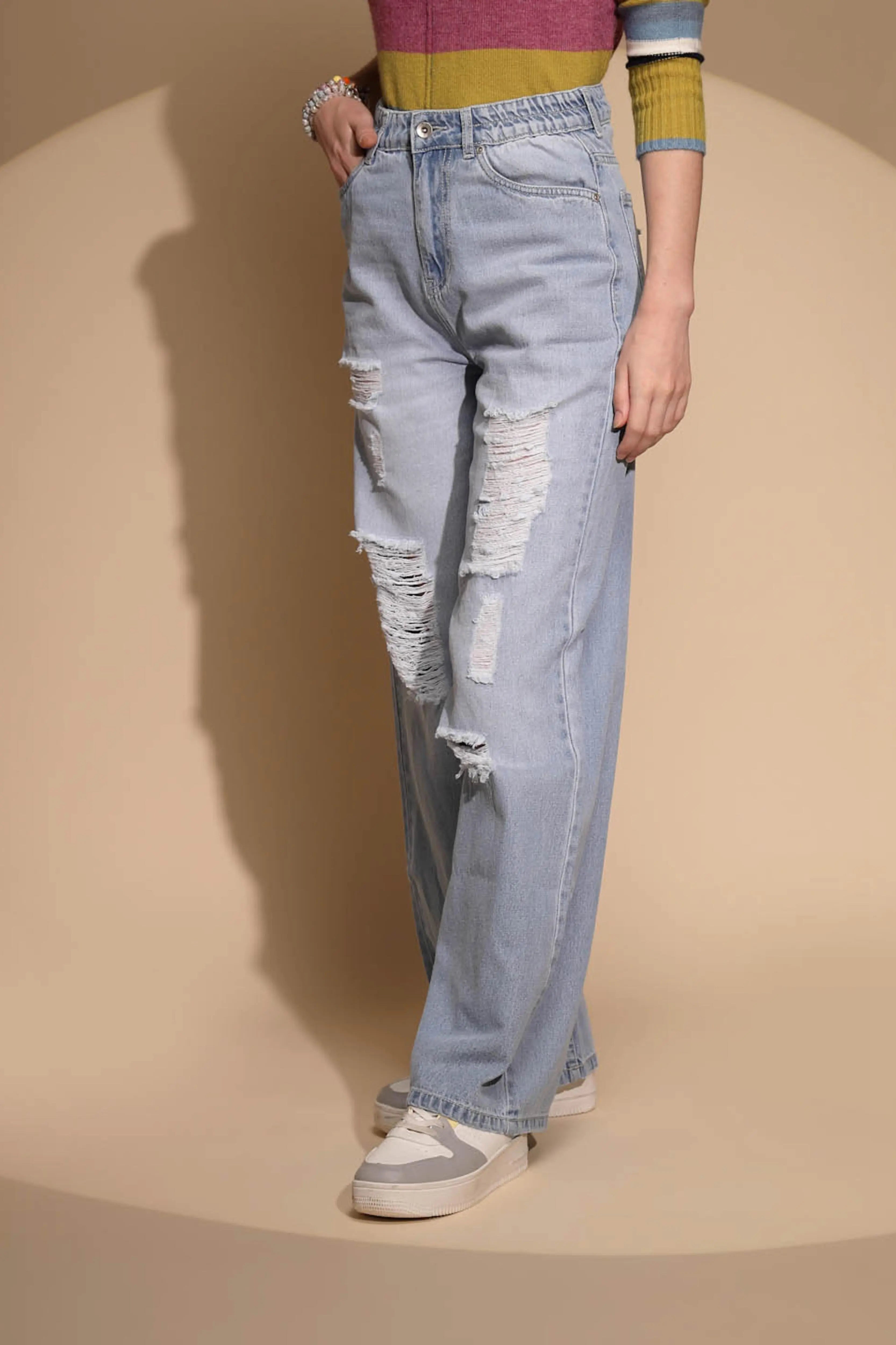 Blue Denim Mid Rise Distressed Jeans - Global Republic