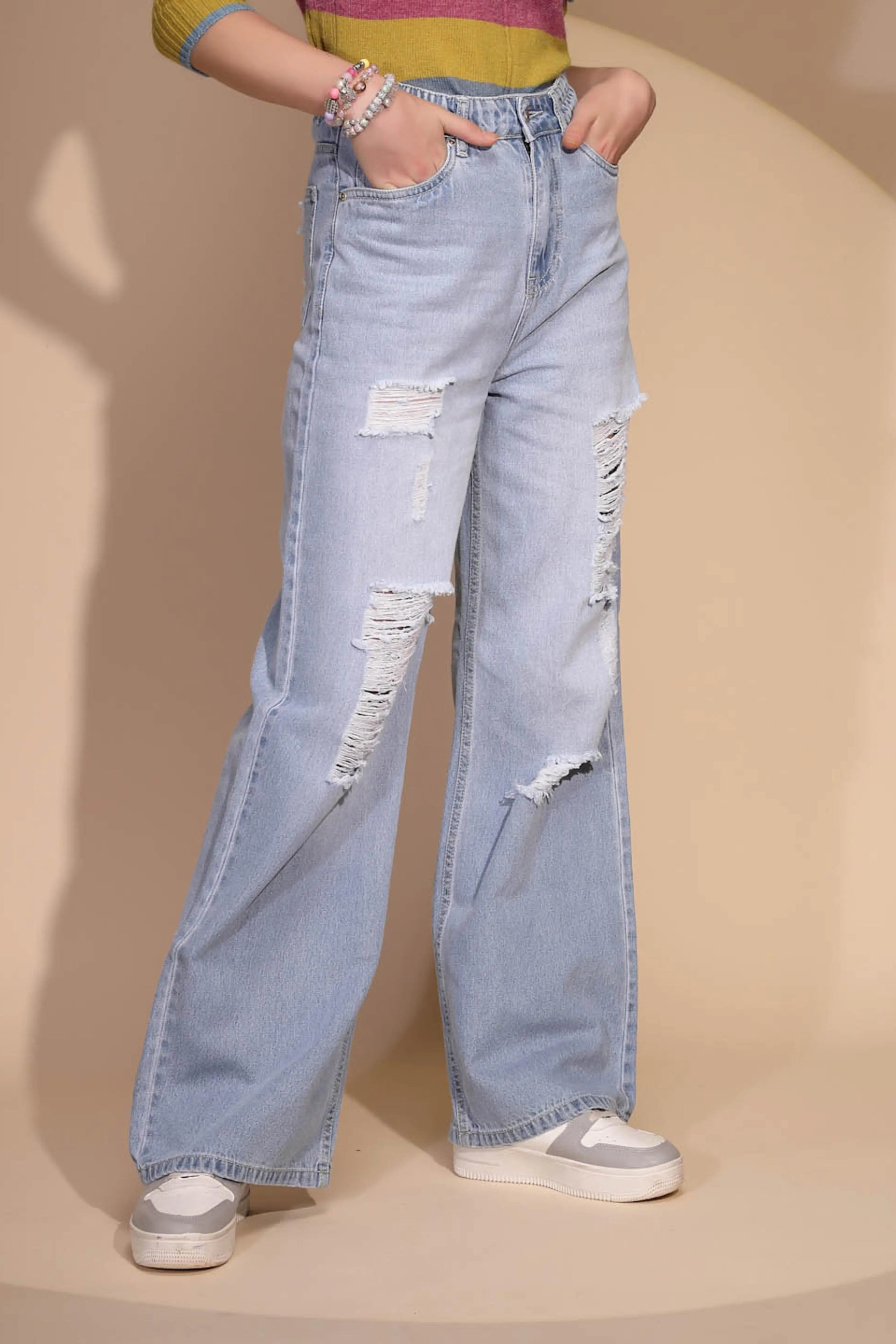 Blue Denim Mid Rise Distressed Jeans - Global Republic