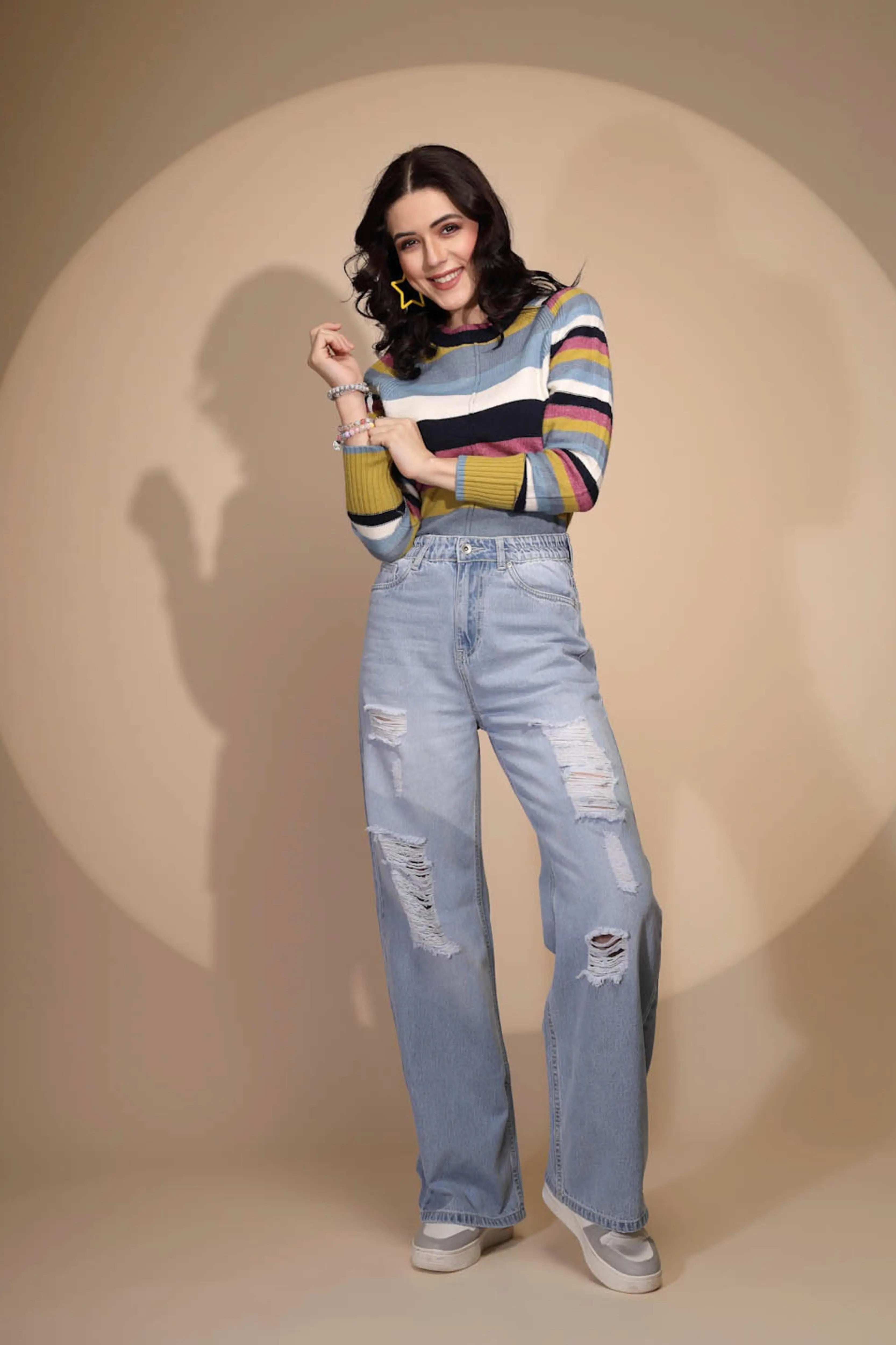 Blue Denim Mid Rise Distressed Jeans - Global Republic