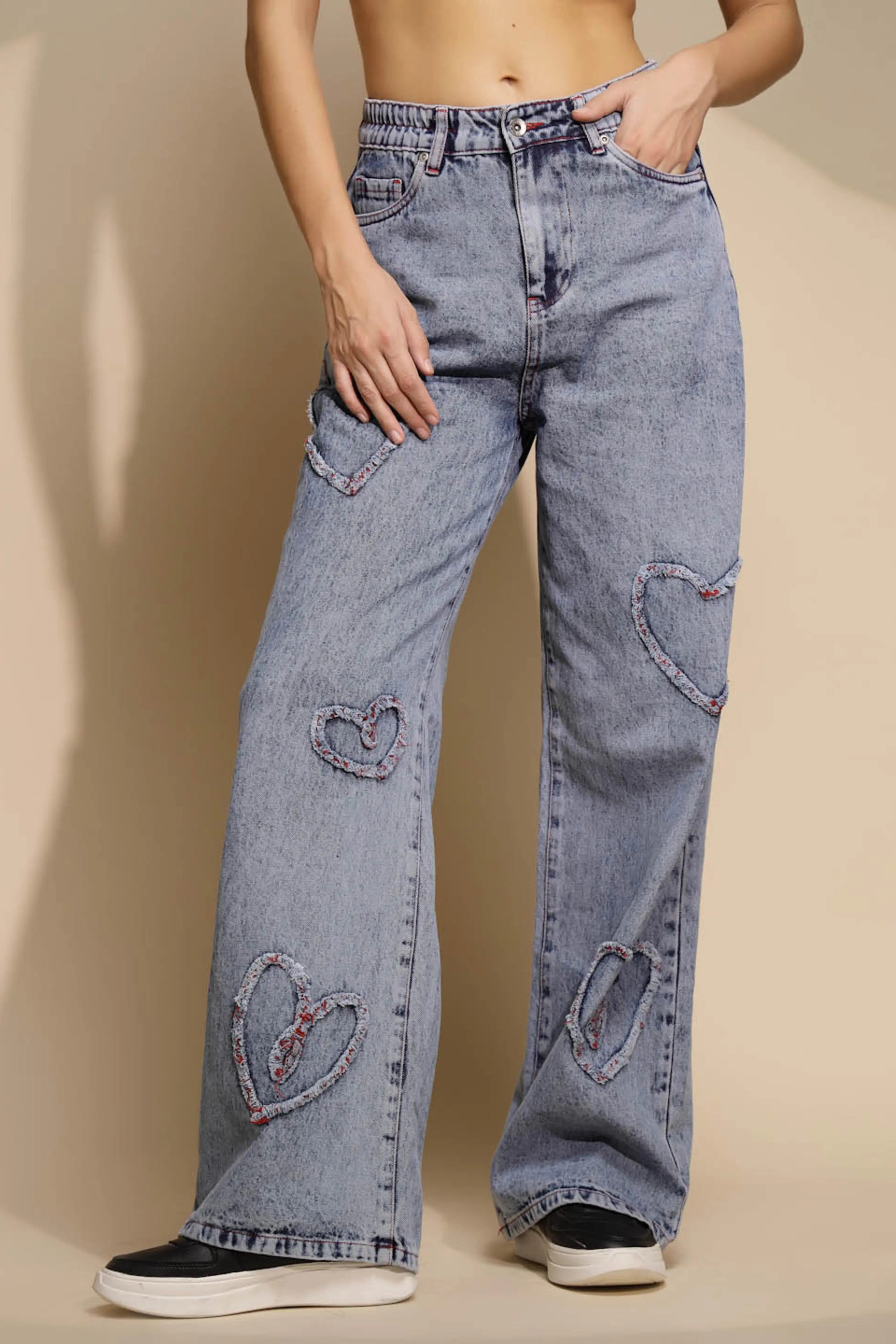 Relaxed Cotton Blend High Rise Blue Jeans - Global Republic