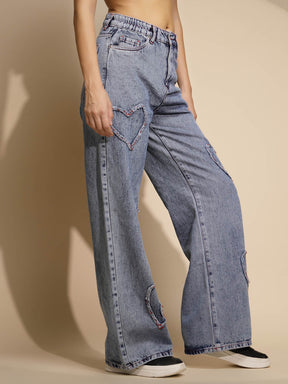 Women's Loose Fit Denim Mid Rise Blue Jeans