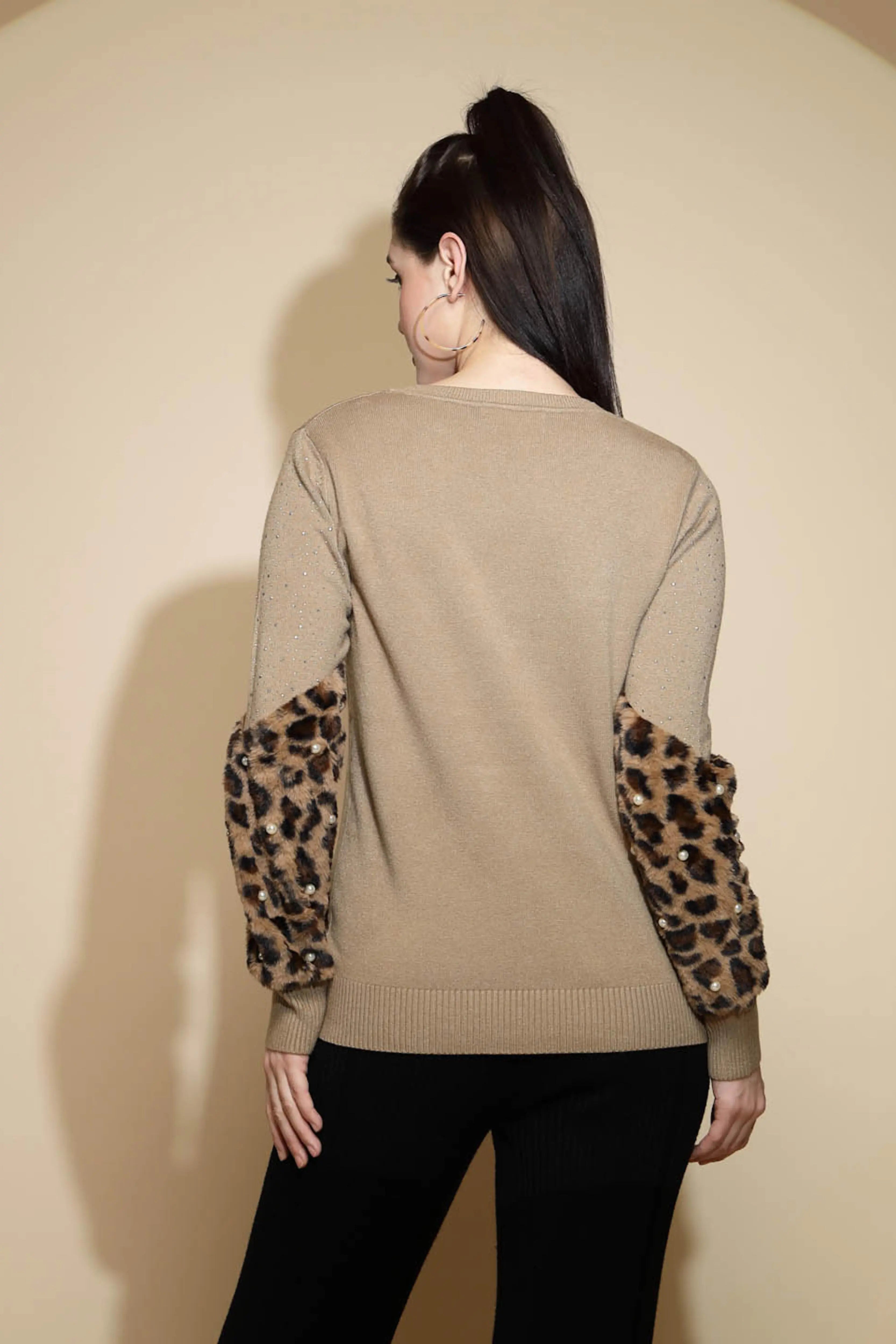 Brown Embellished Full Sleeve Round Neck Acrylic Pullover Sweater - Global Republic