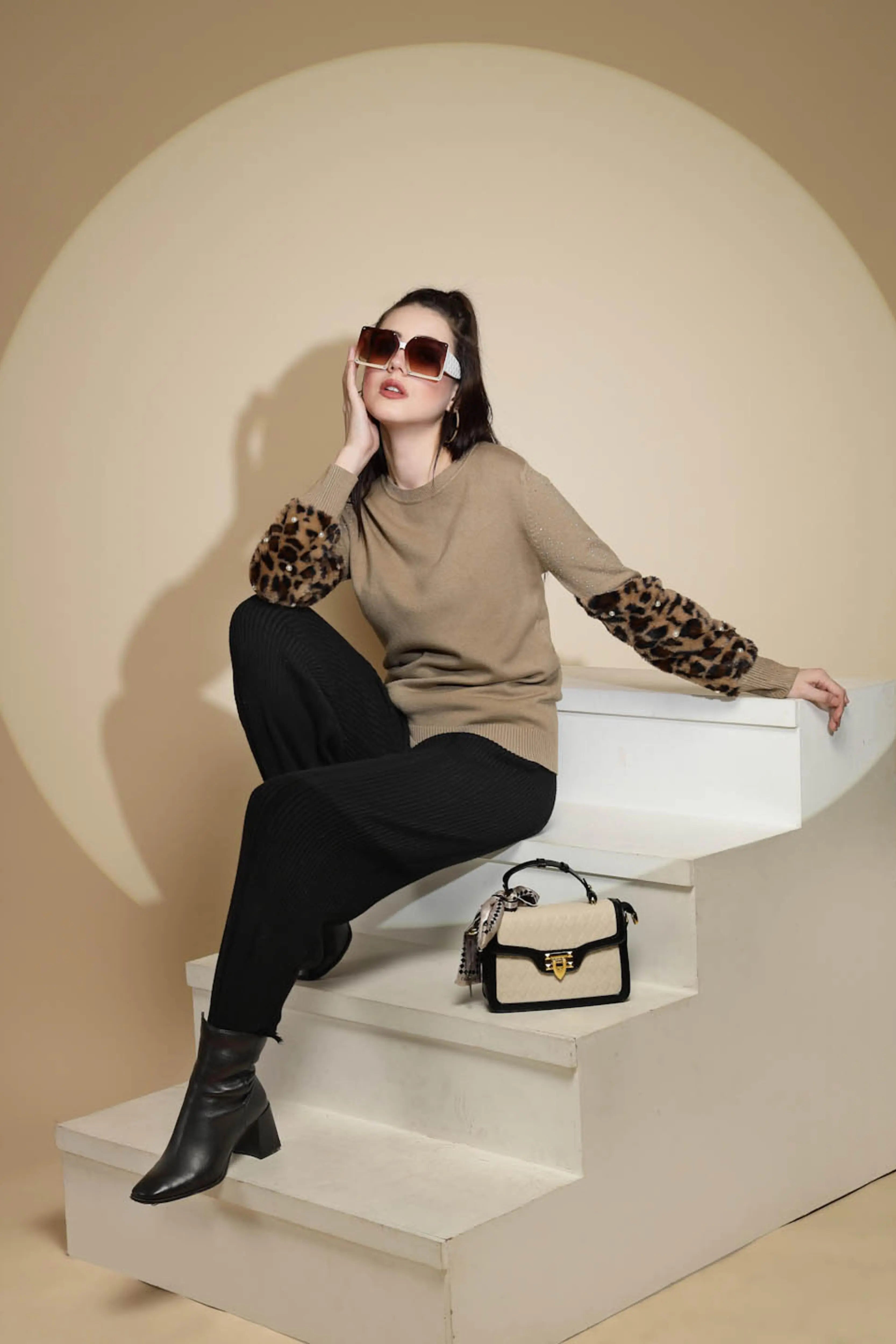 Brown Embellished Full Sleeve Round Neck Acrylic Pullover Sweater - Global Republic