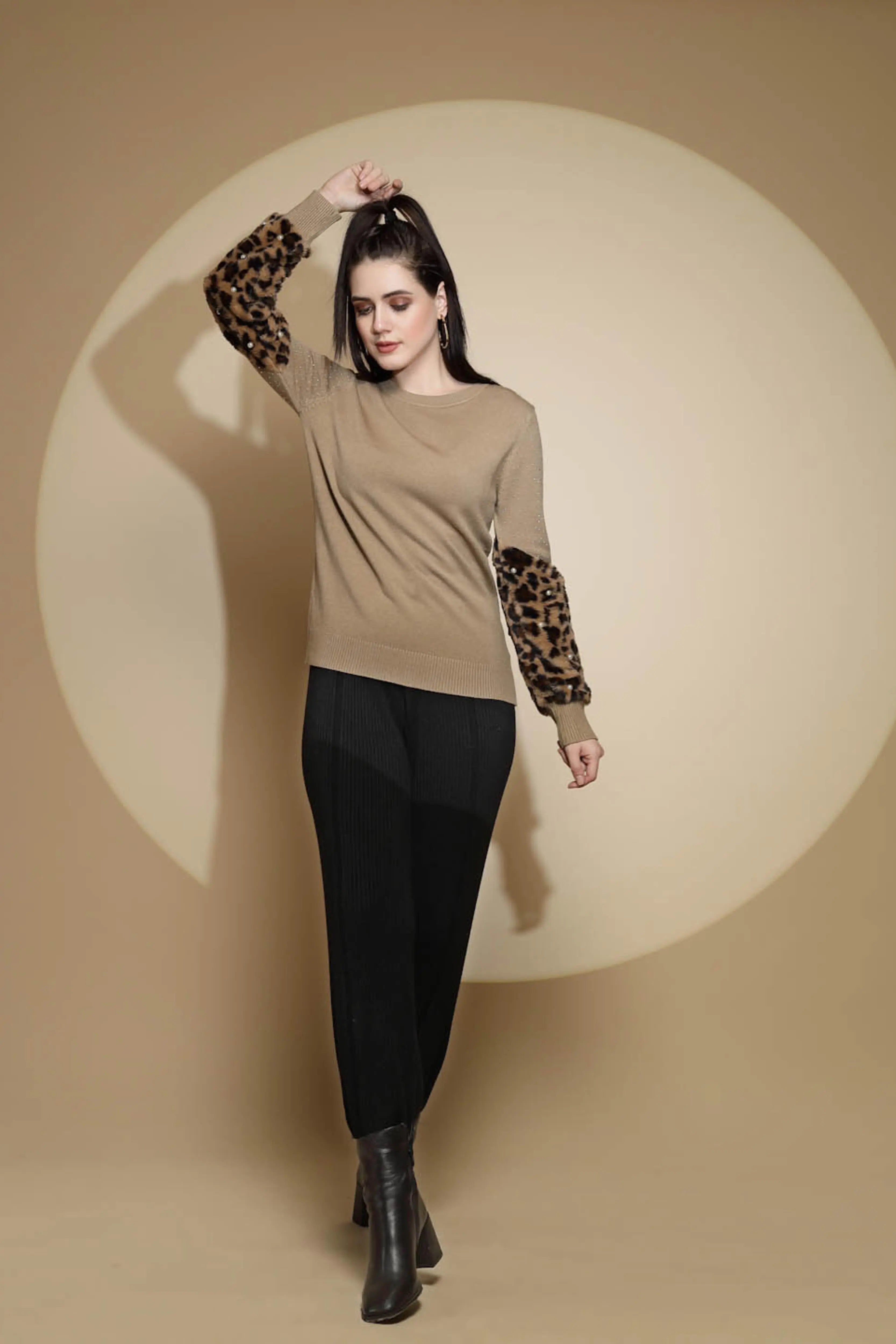 Brown Embellished Full Sleeve Round Neck Acrylic Pullover Sweater - Global Republic