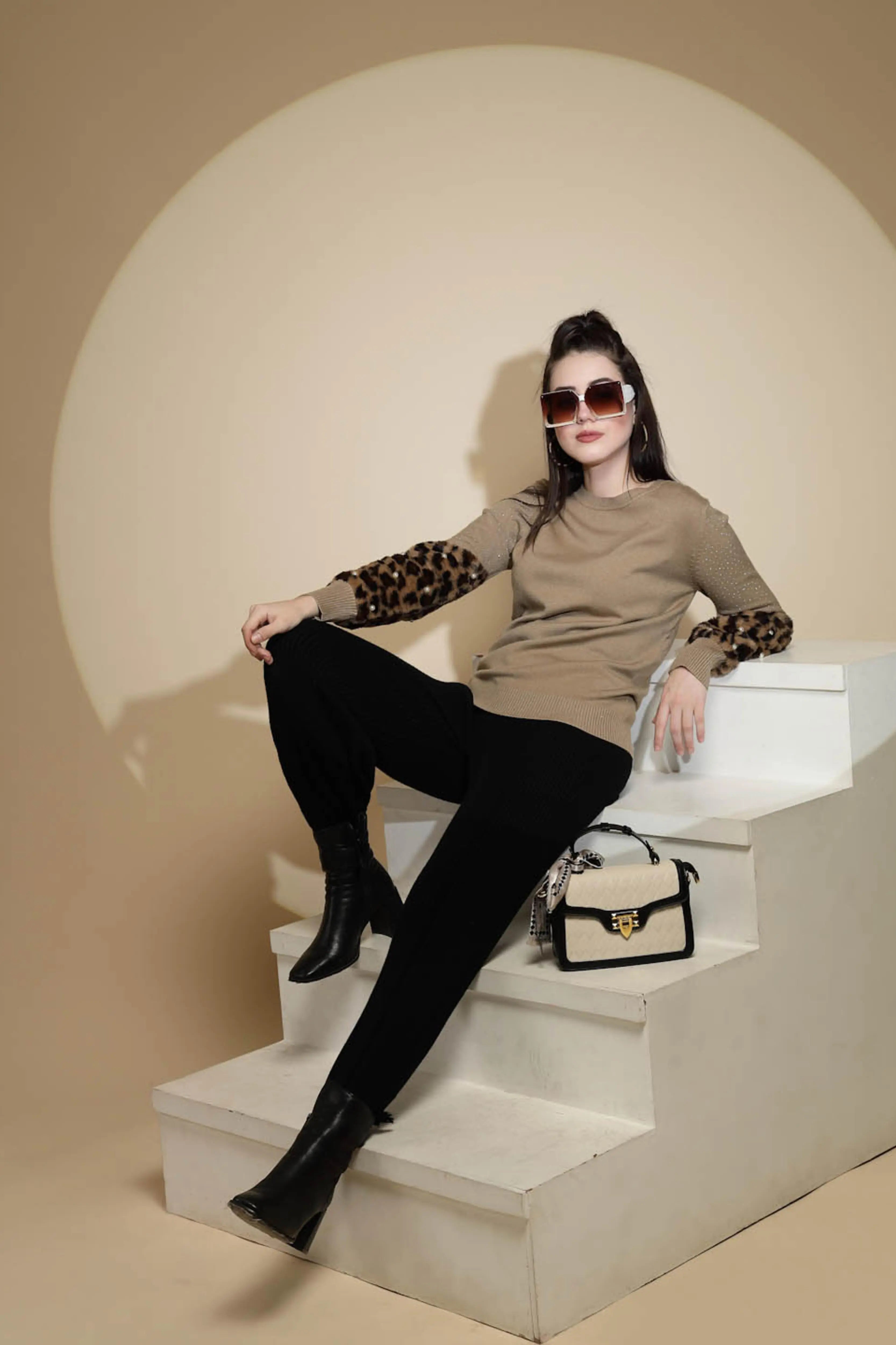 Brown Embellished Full Sleeve Round Neck Acrylic Pullover Sweater - Global Republic
