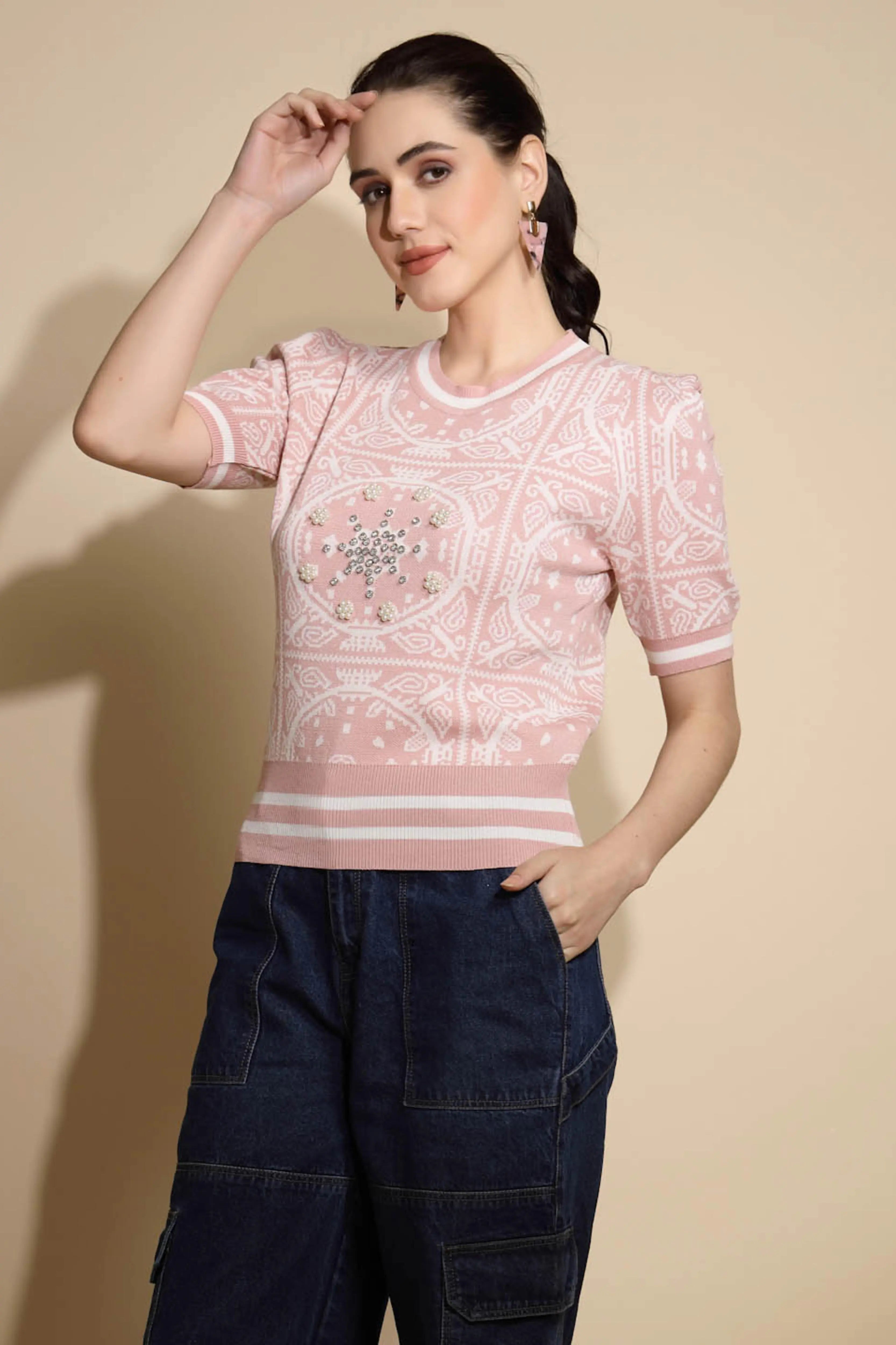 Pink Abstract Print Half Sleeve Crew Neck Top - Global Republic