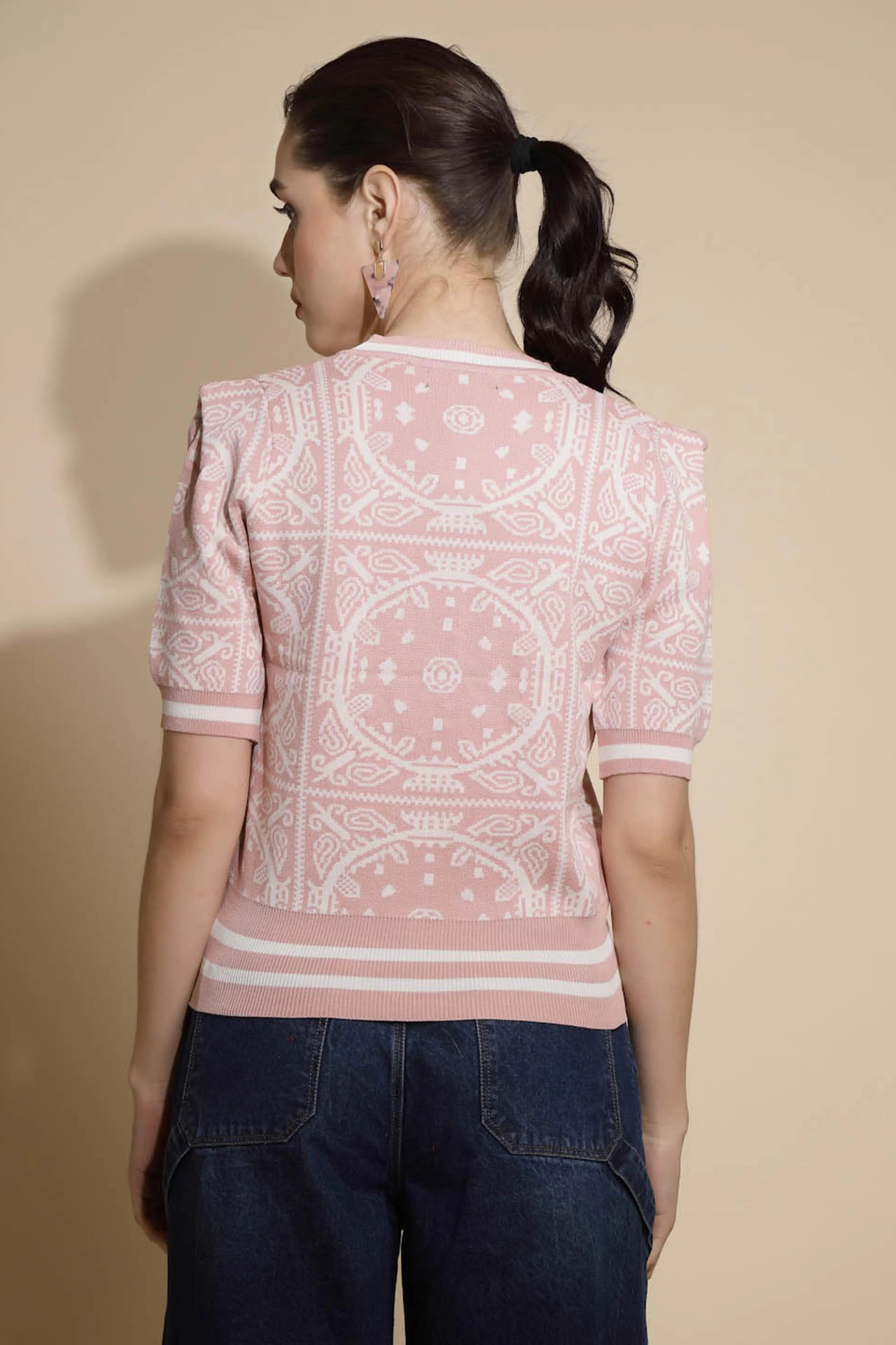 Pink Abstract Print Crew Neck Top - Global Republic
