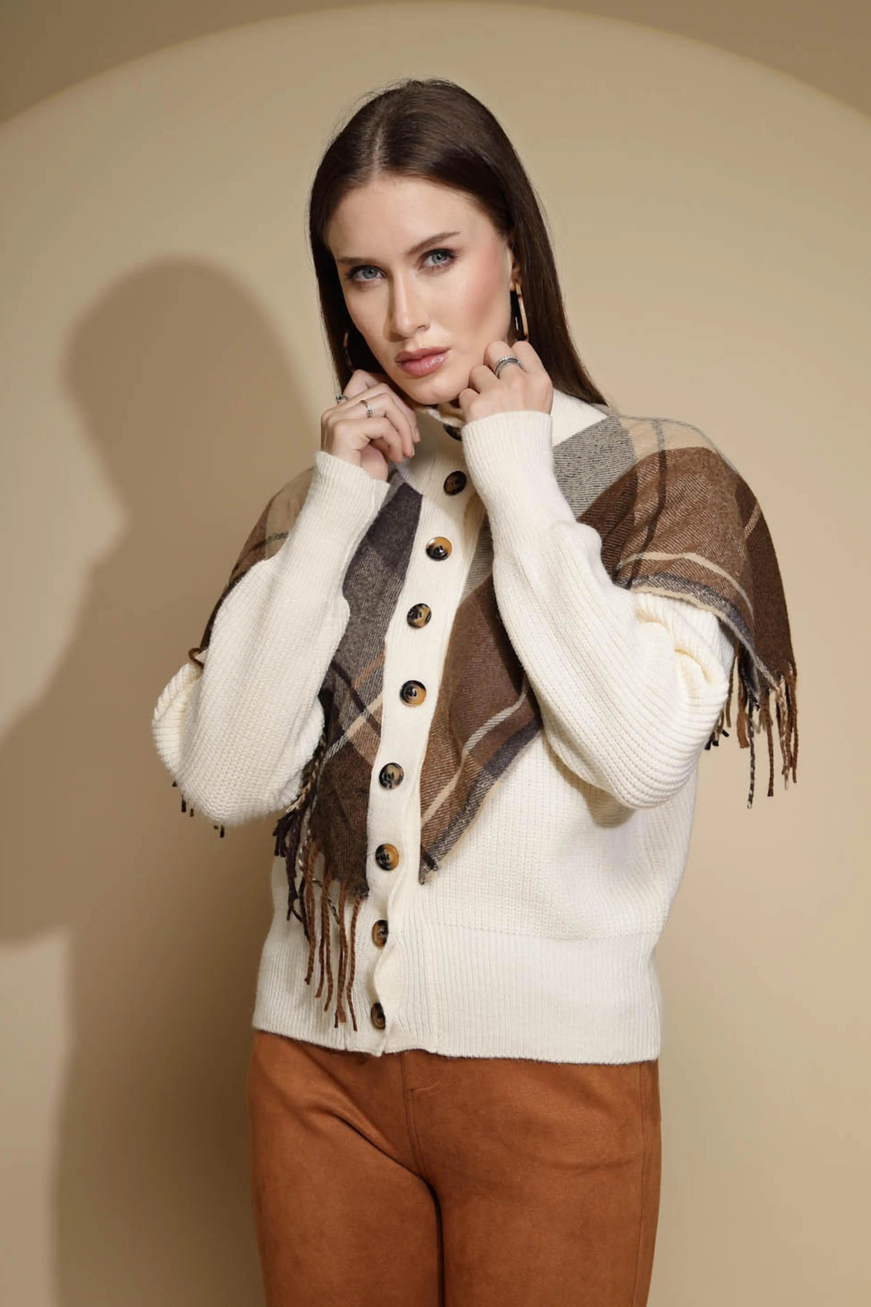 Beige Check Full Sleeve High Neck Knitted Pullover Sweater - Global Republic