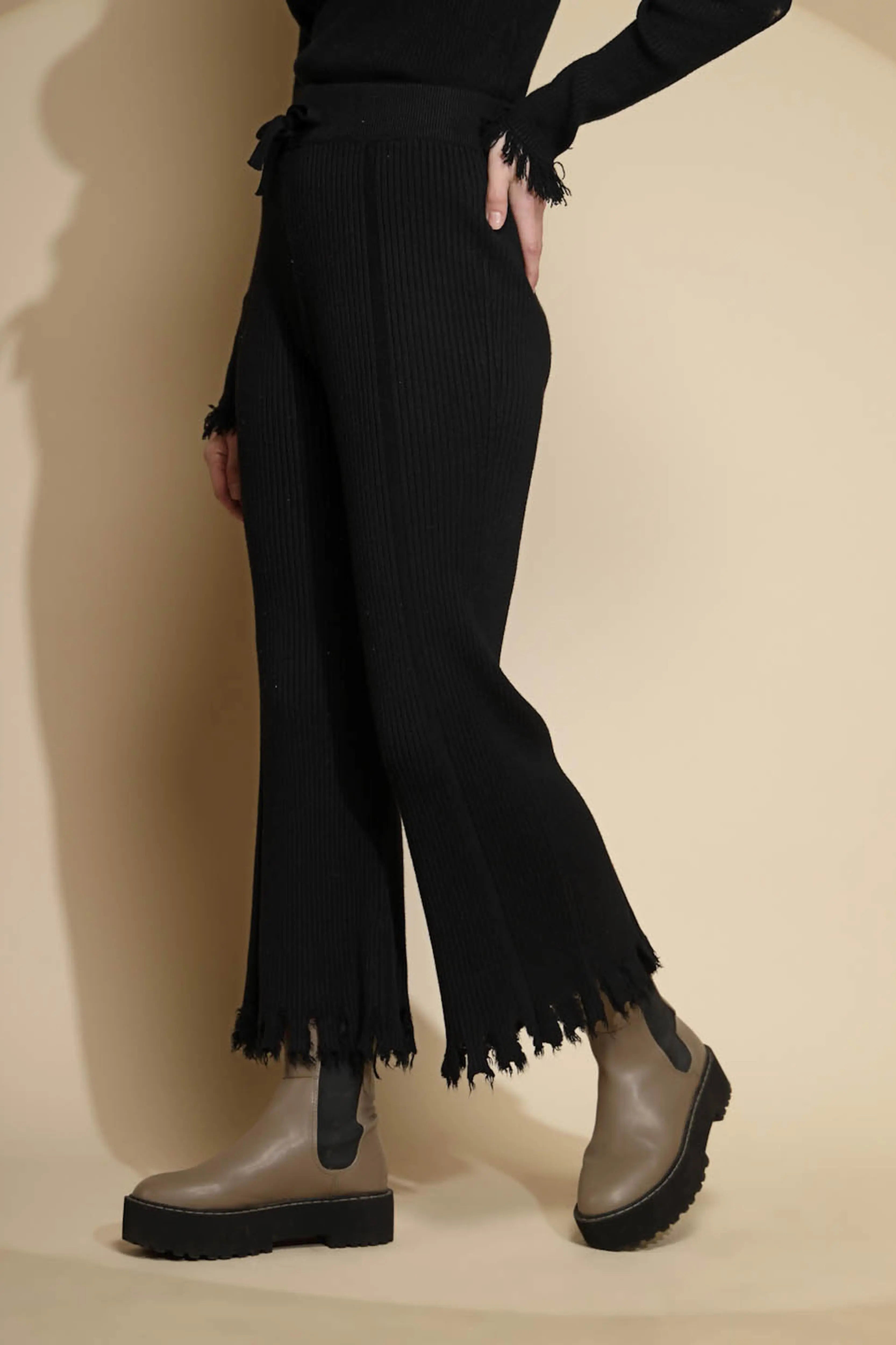 Solid Black Viscose Blend Fringed Lower - Global Republic