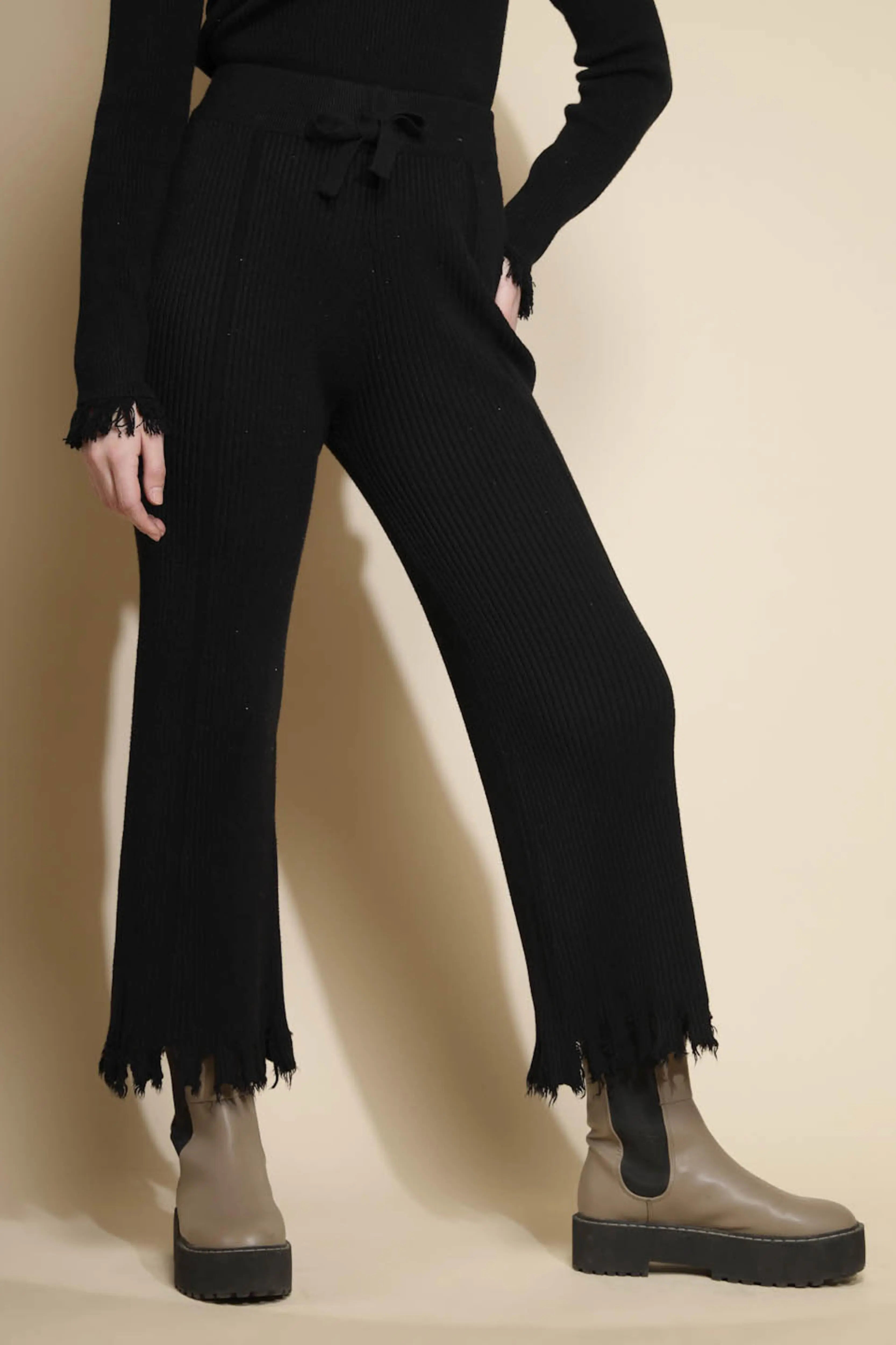 Solid Black Viscose Blend Fringed Lower - Global Republic