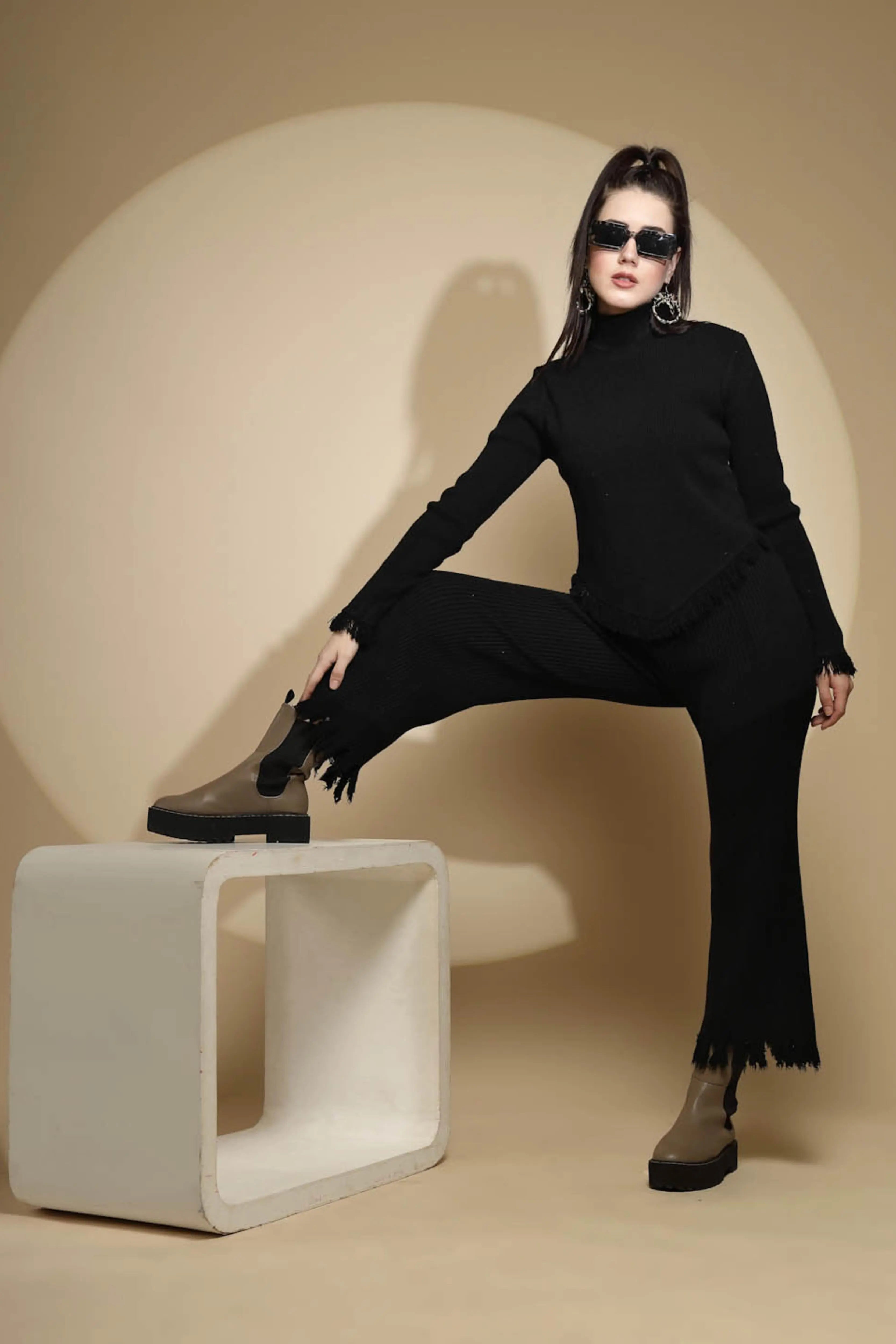 Solid Black Viscose Blend Fringed Lower - Global Republic