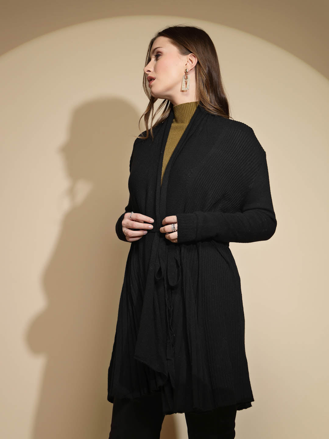 Solid Black Full Sleeve Open Neck Wrap Woolen Winter Shrug Sweater - Global Republic