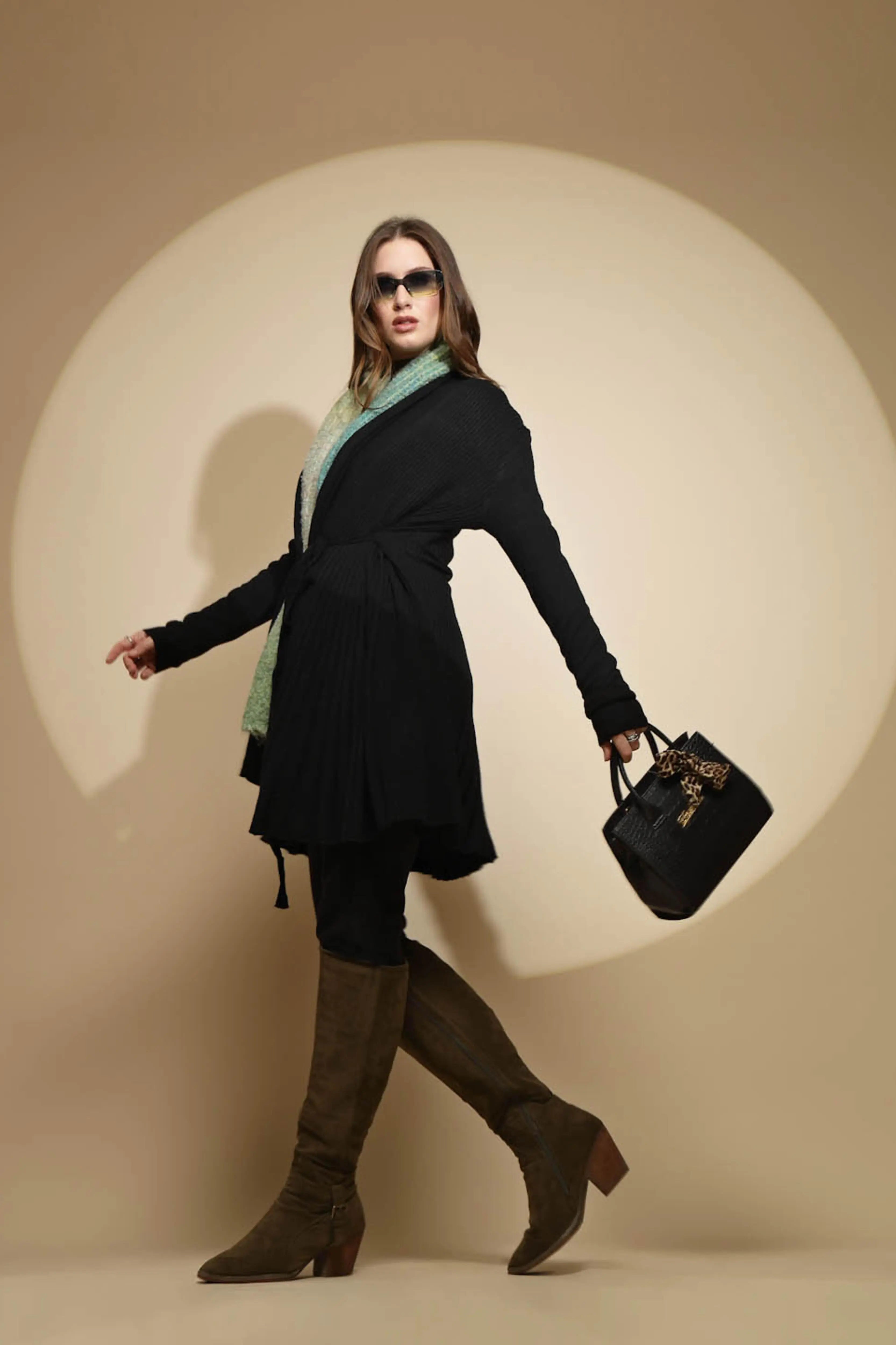 Solid Black Full Sleeve Open Neck Wrap Woolen Winter Shrug Sweater - Global Republic