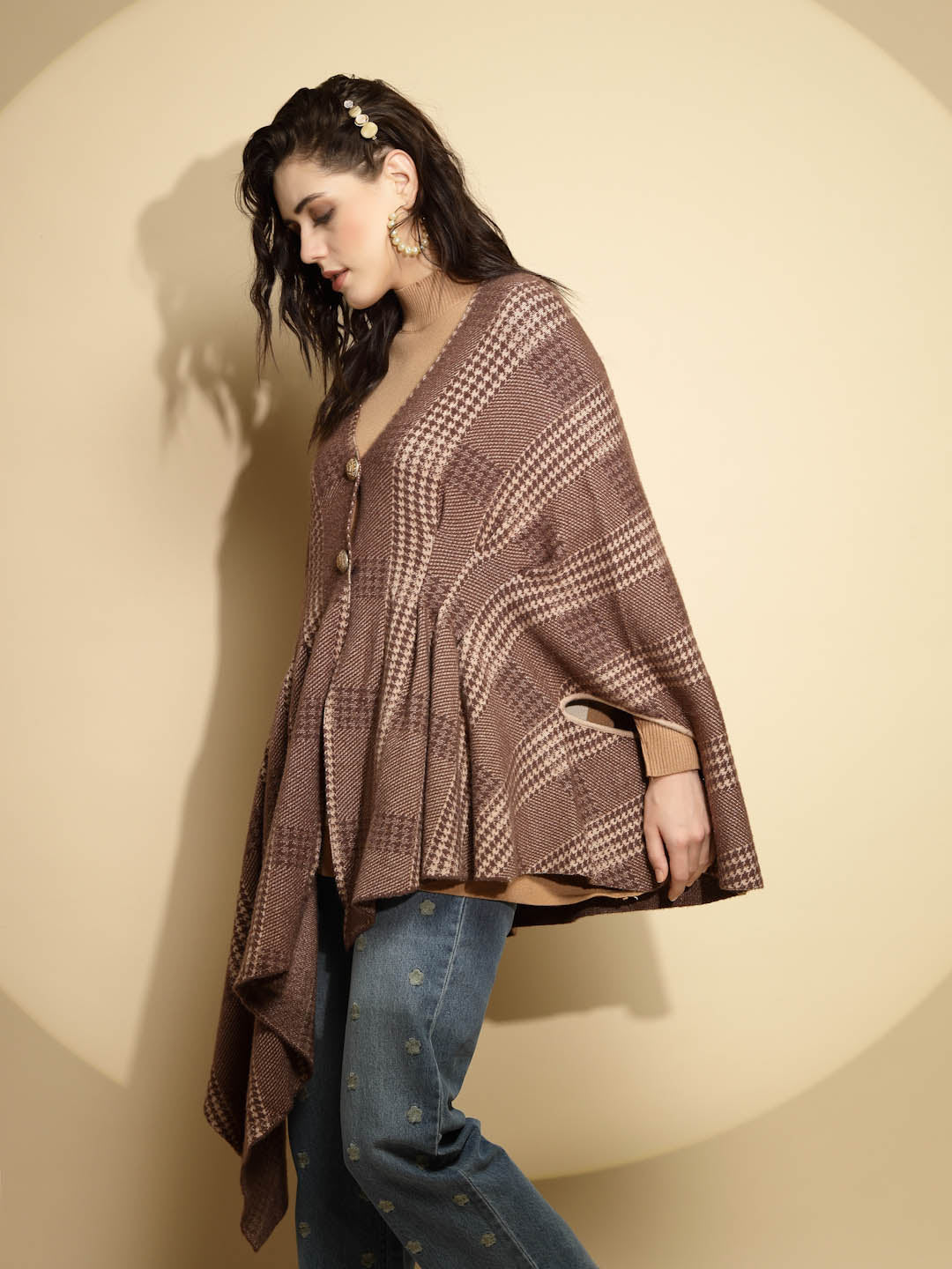 Brown Abstract Knitted Winter Shrug - Global Republic