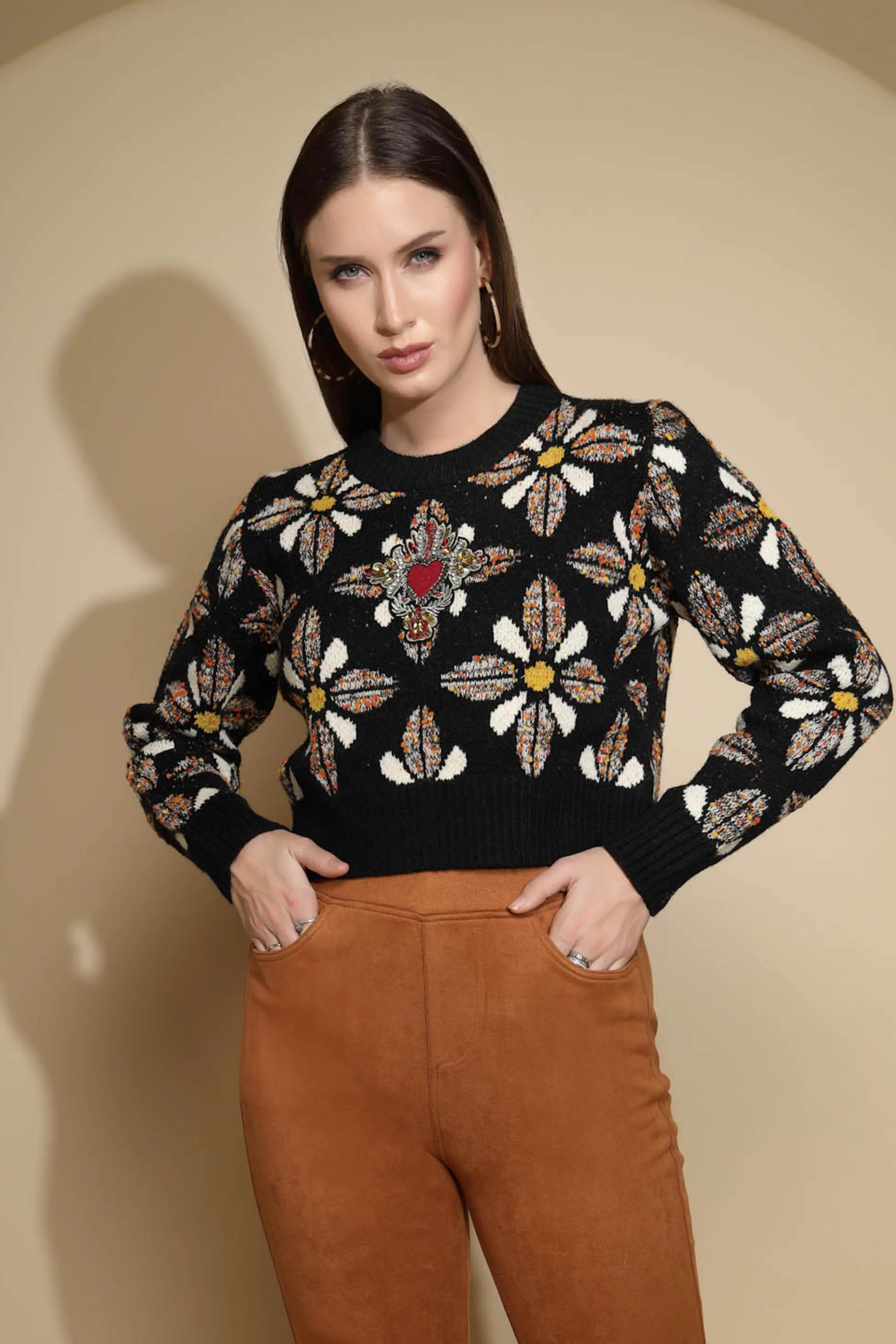 Black Embellished Jacquard Sweater - Global Republic