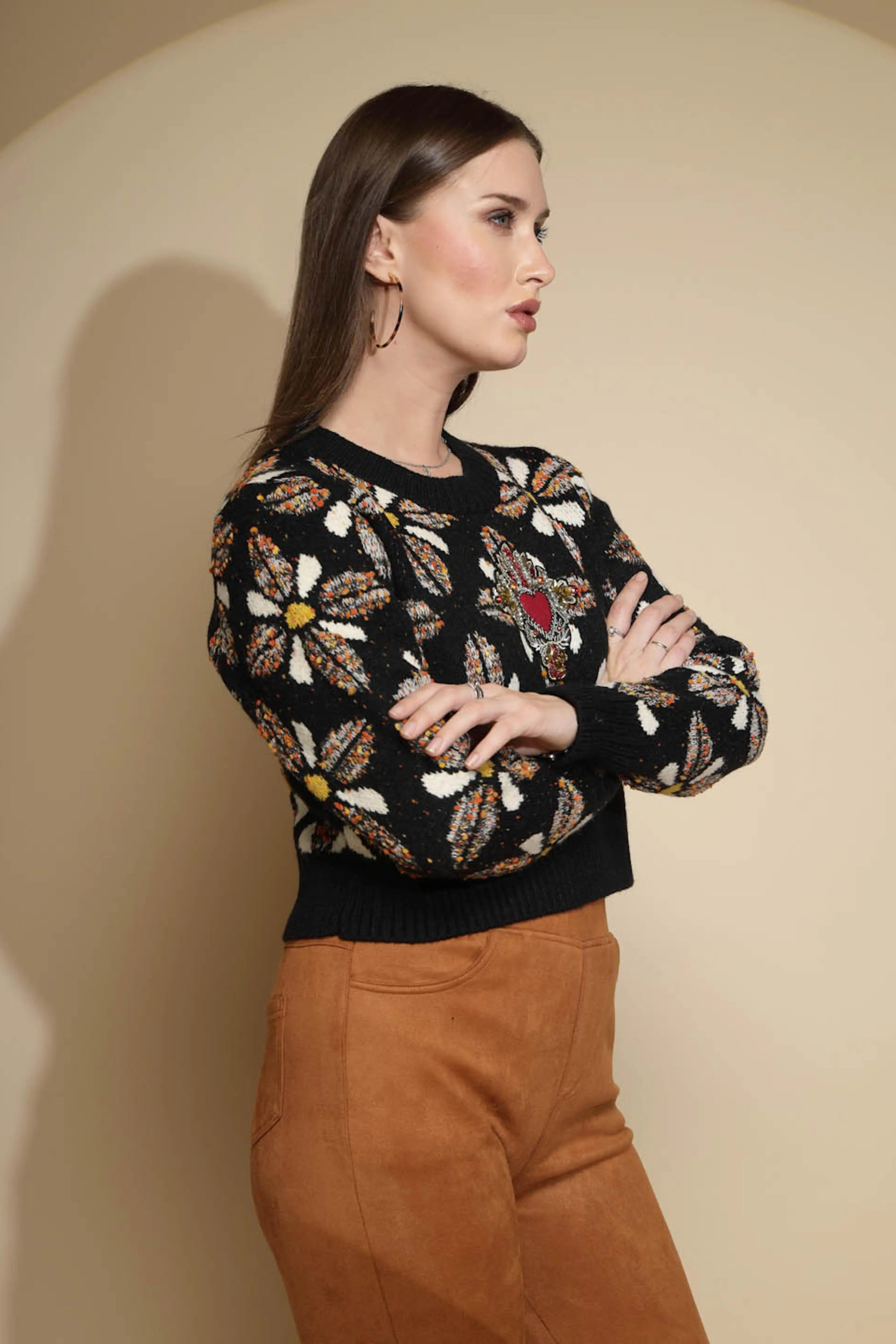 Black Embellished Jacquard Sweater - Global Republic