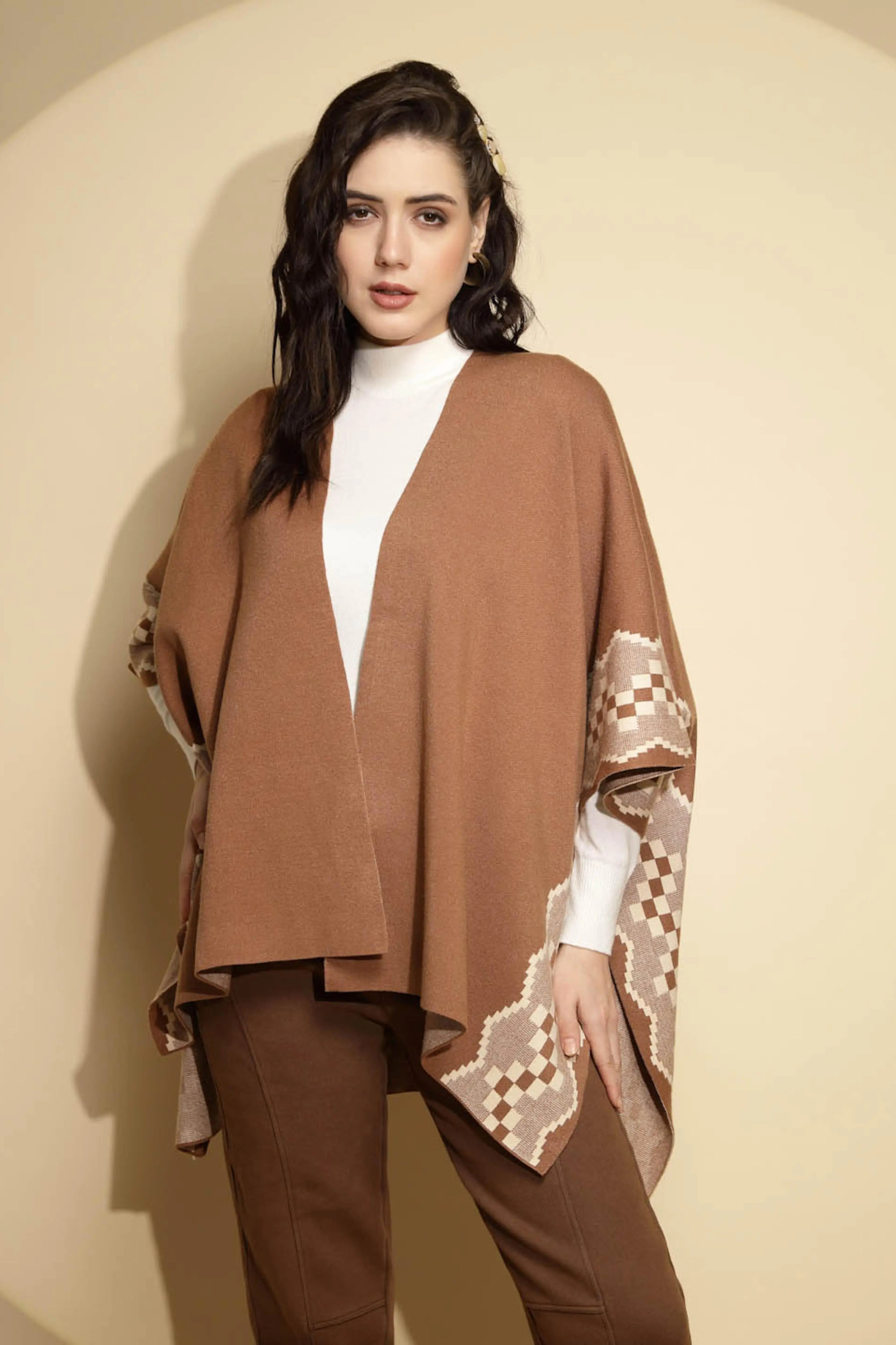 Brown Abstract Print Three Quarter Sleeve Open Neck Knitted Winter Shrug - Global Republic