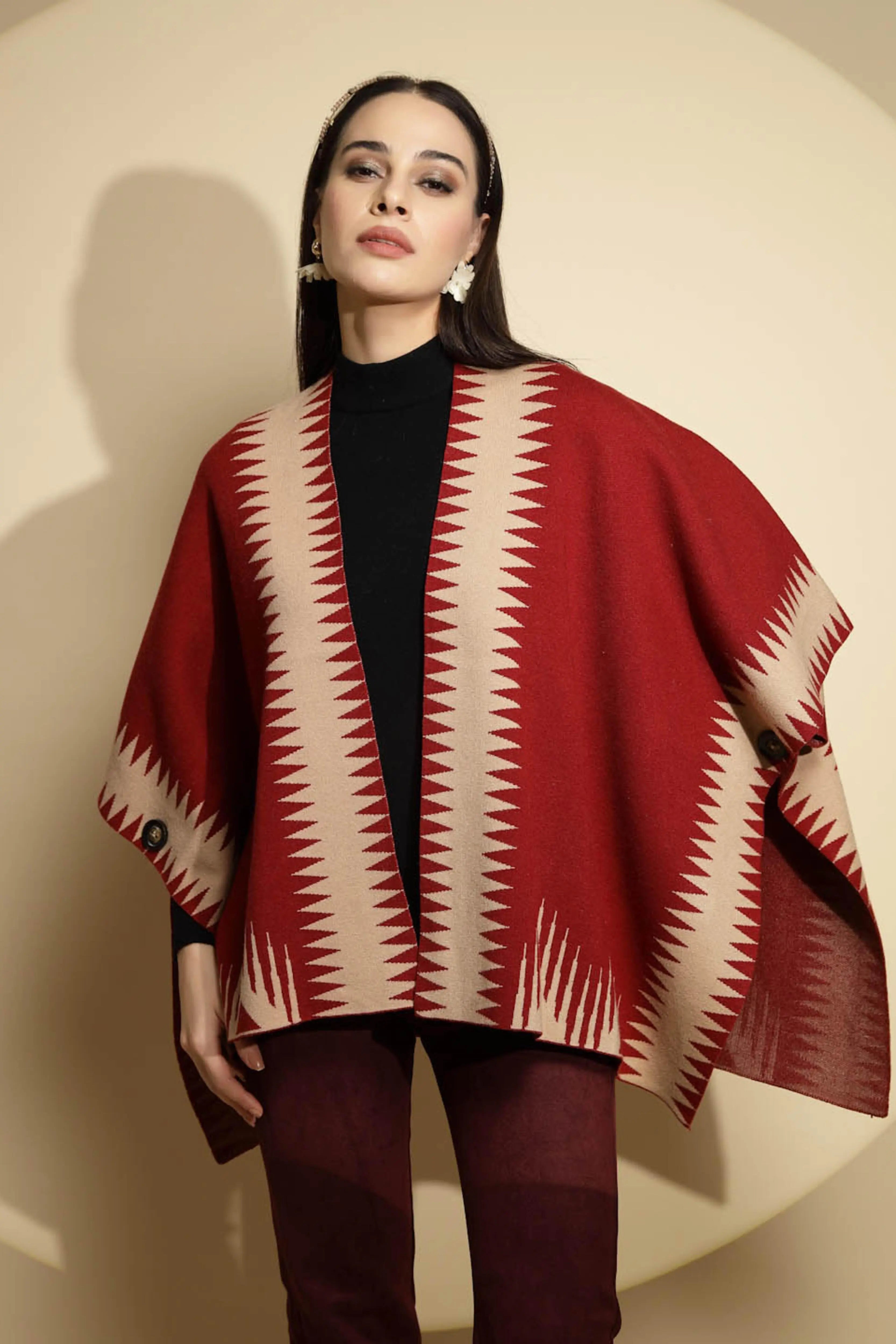 Maroon Abstract Print Winter Shrug - Global Republic