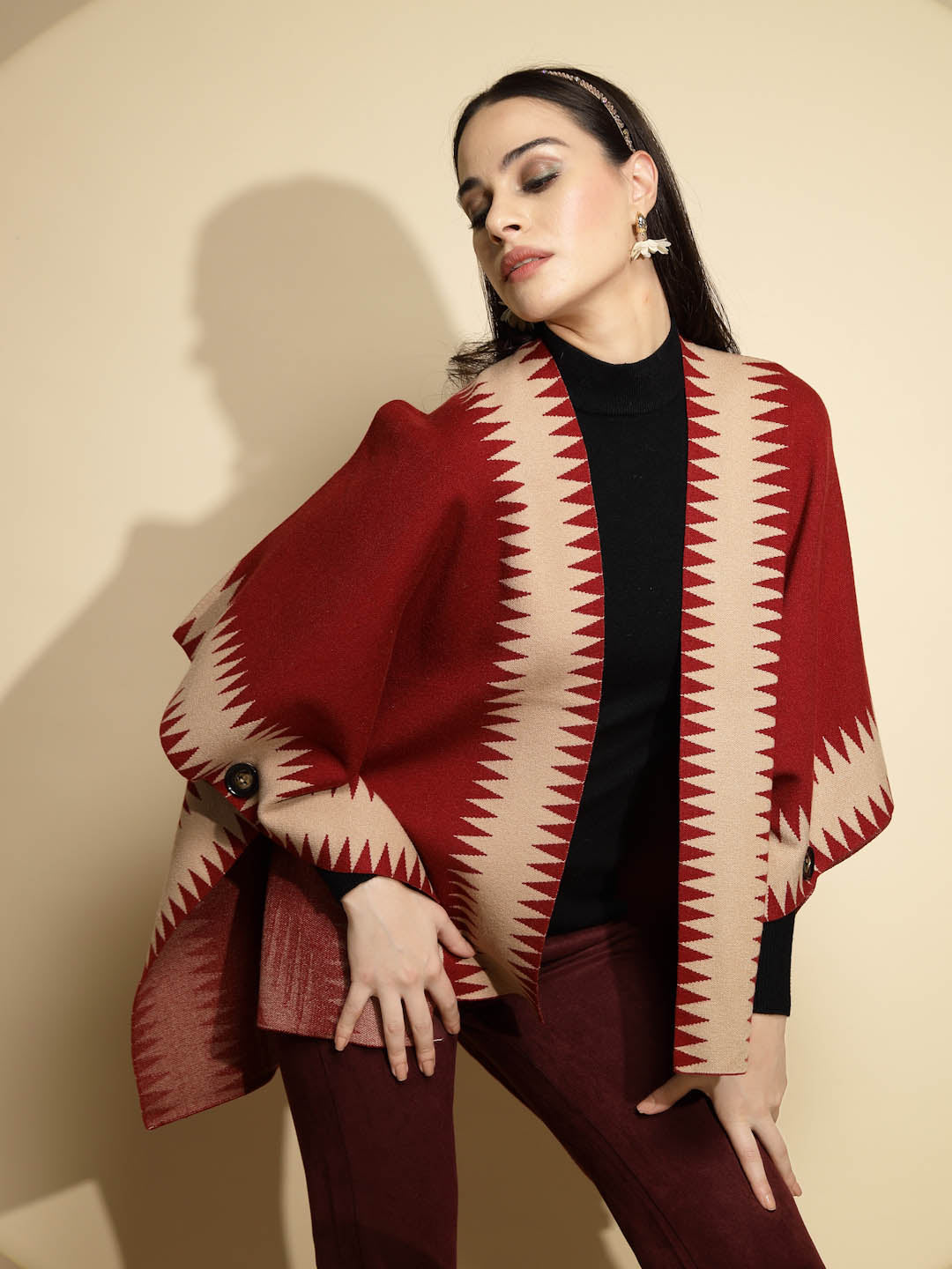 Maroon Abstract Print Winter Shrug - Global Republic