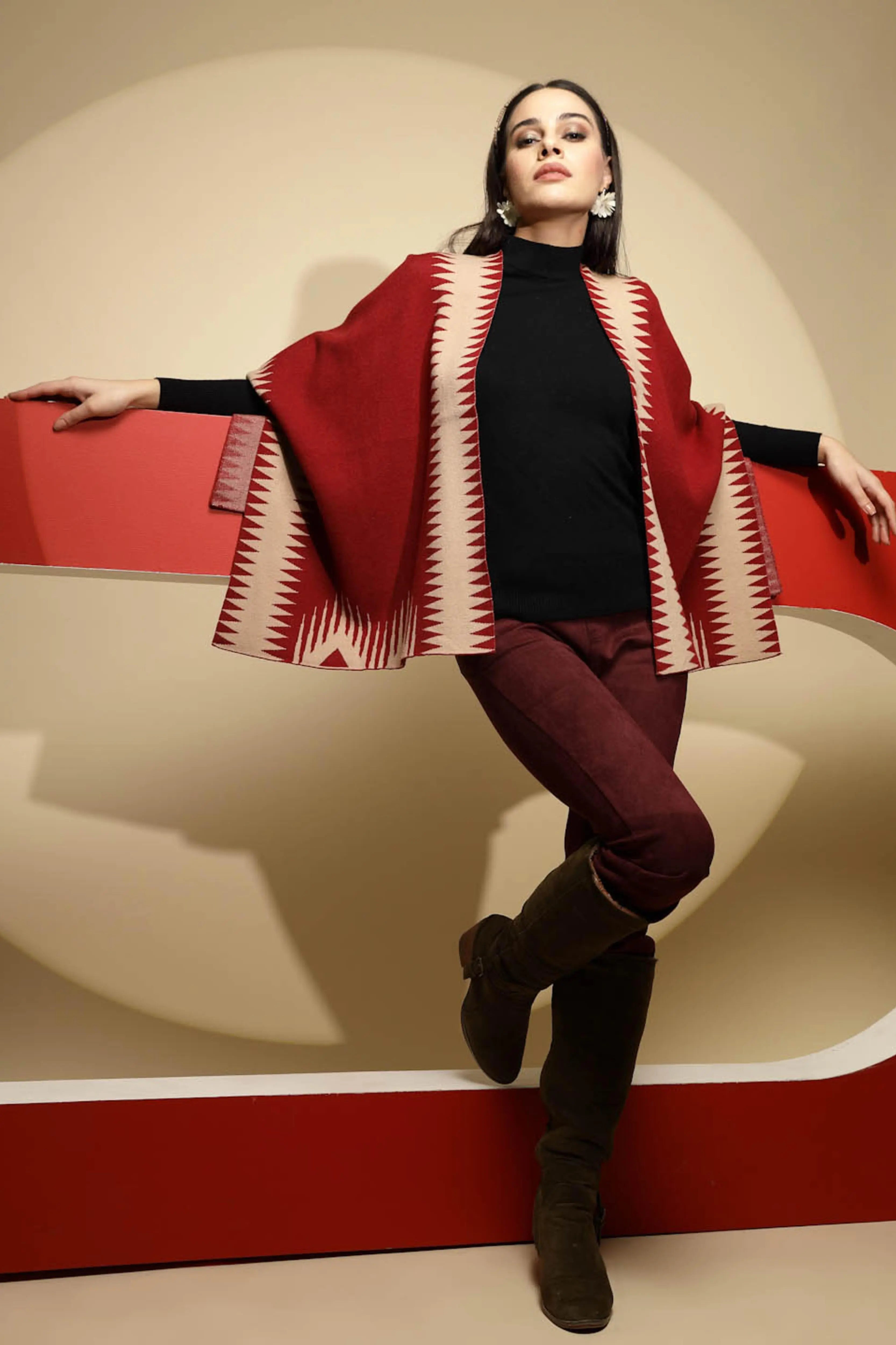Maroon Abstract Print Winter Shrug