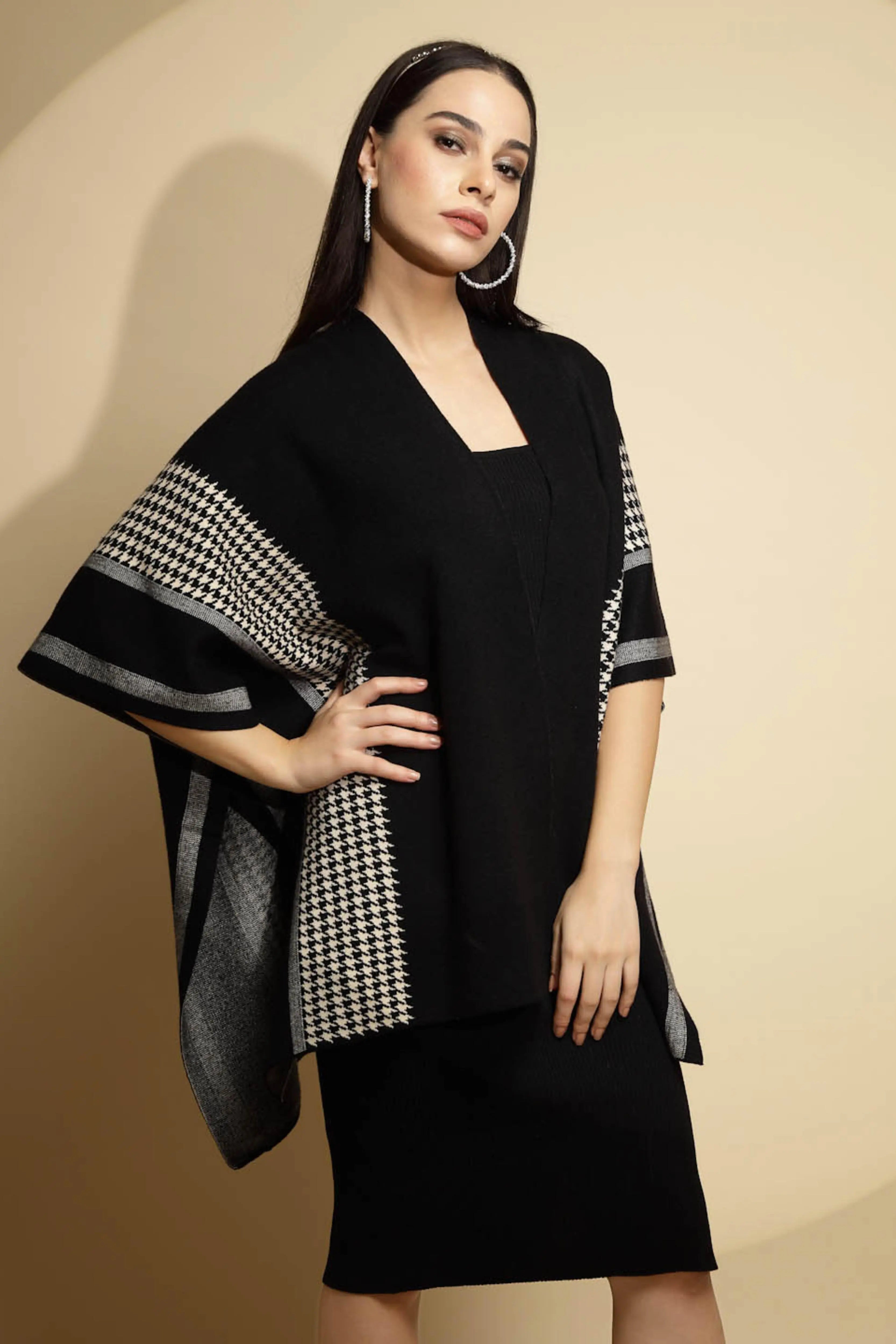 Black Abstract Print Half Sleeve Open Neck Knitted Winter Shrug - Global Republic