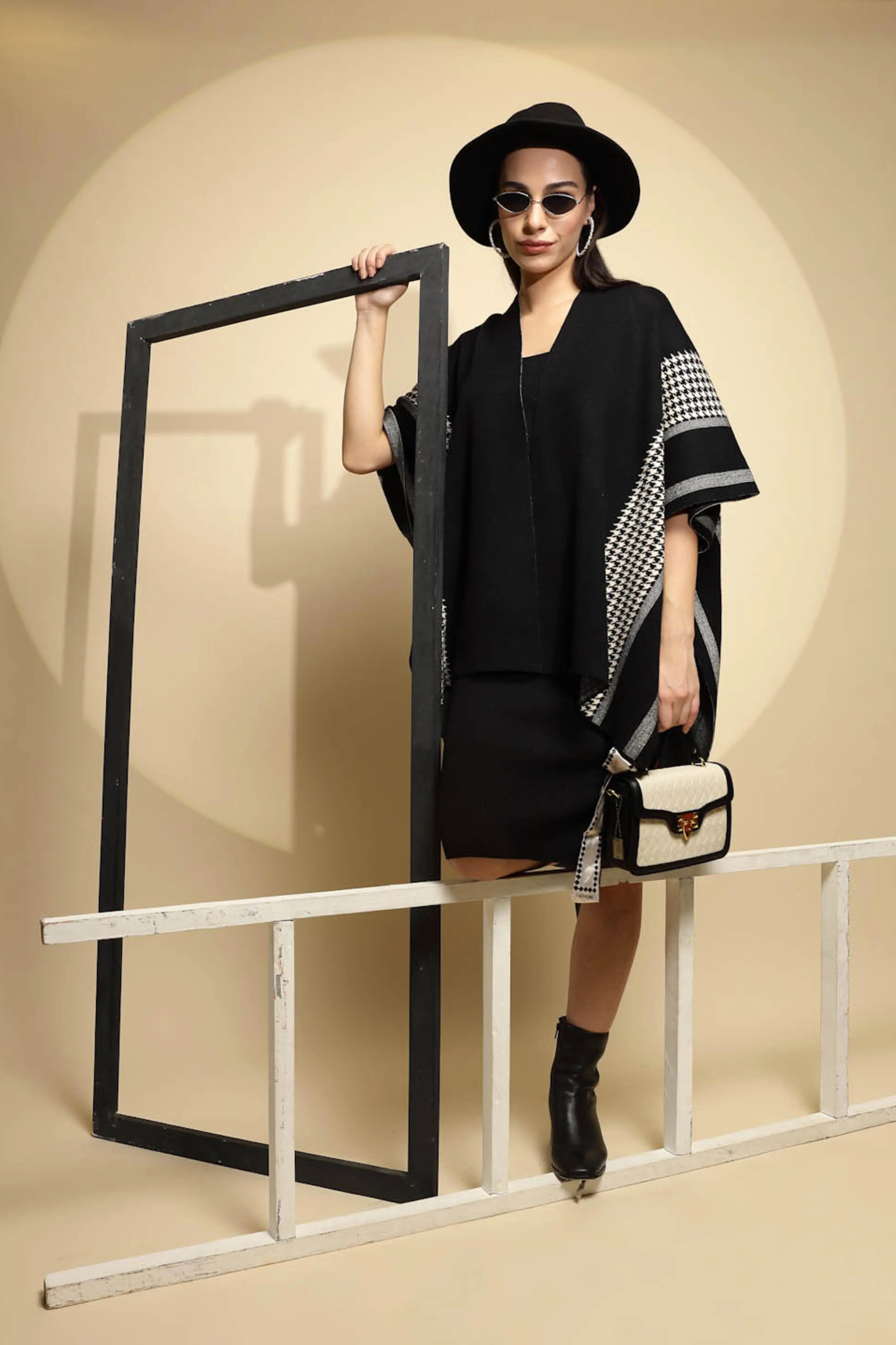 Black Abstract Print Half Sleeve Open Neck Knitted Winter Shrug - Global Republic