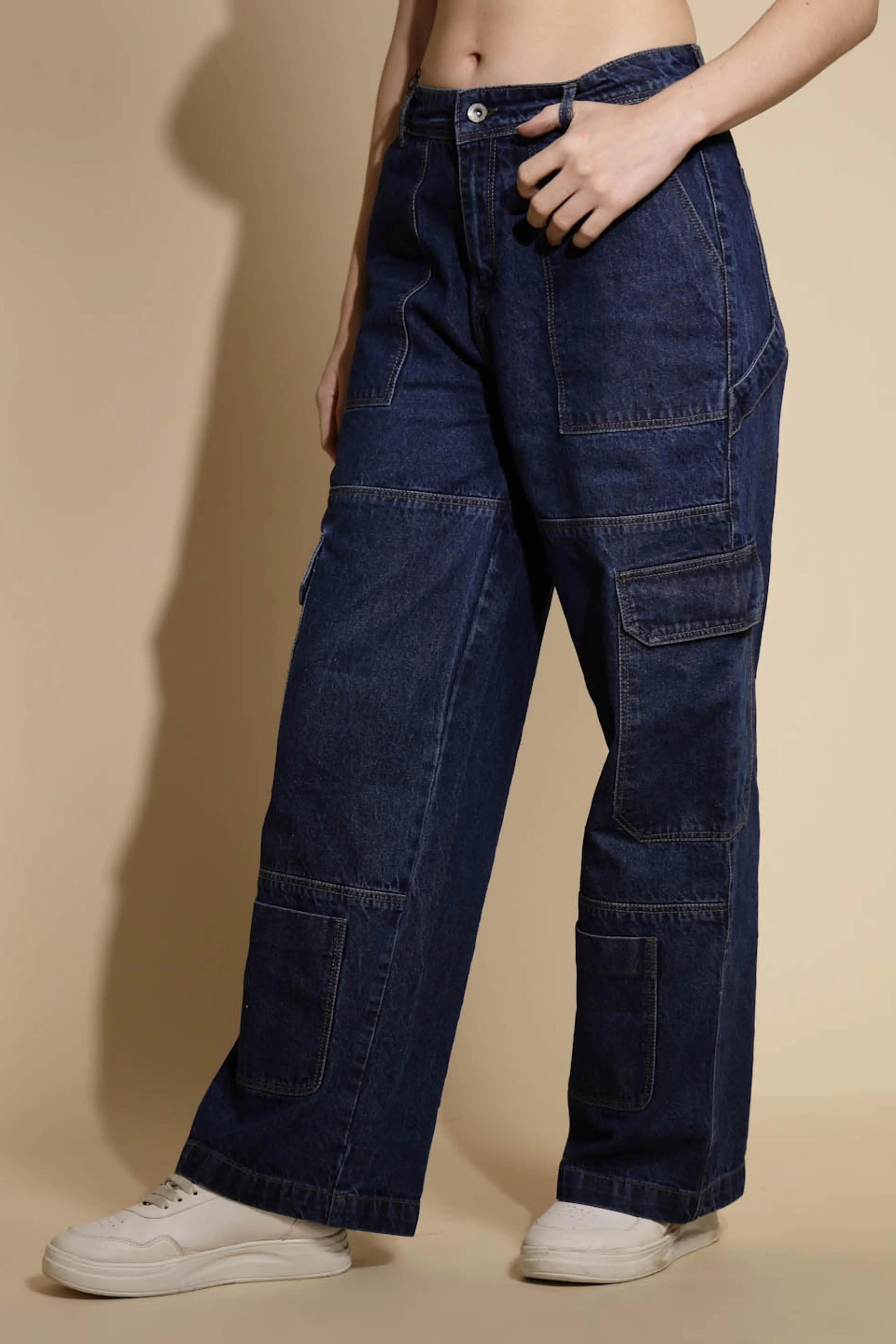 Blue Solid Boyfriend Fit Mid Rise jeans - Global Republic