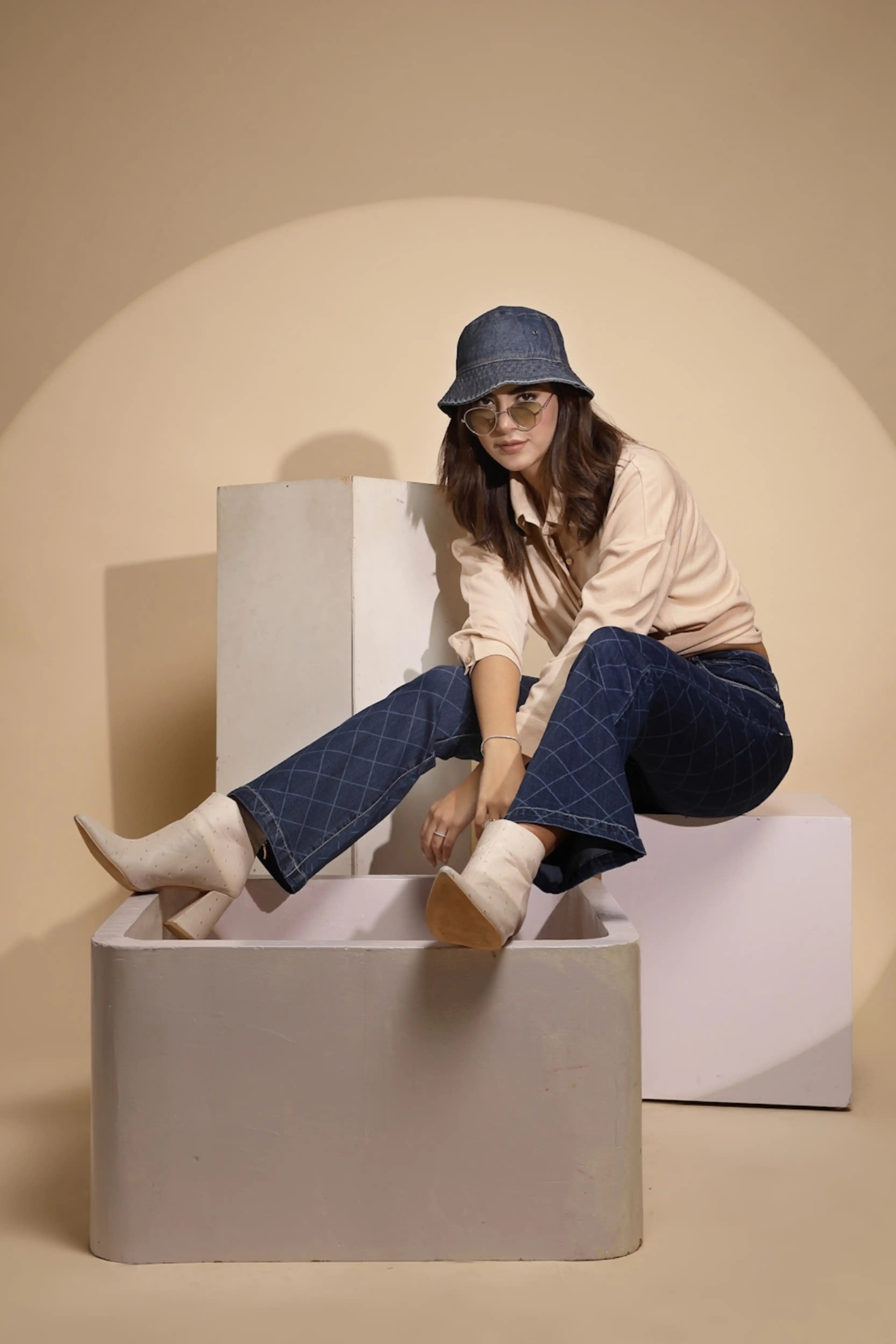 Blue Checkered Bootcut Jeans