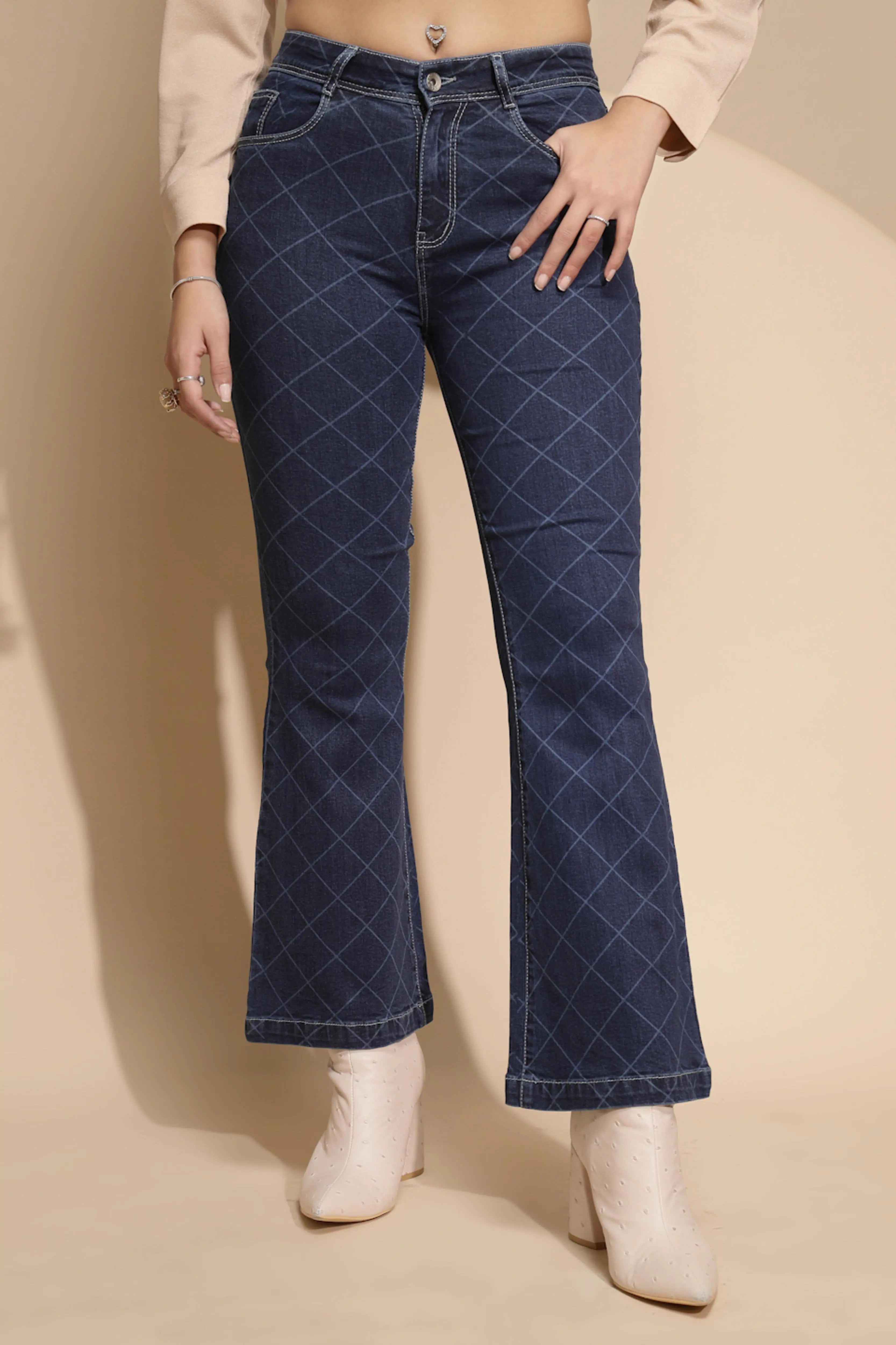 Blue Checkered Bootcut Jeans