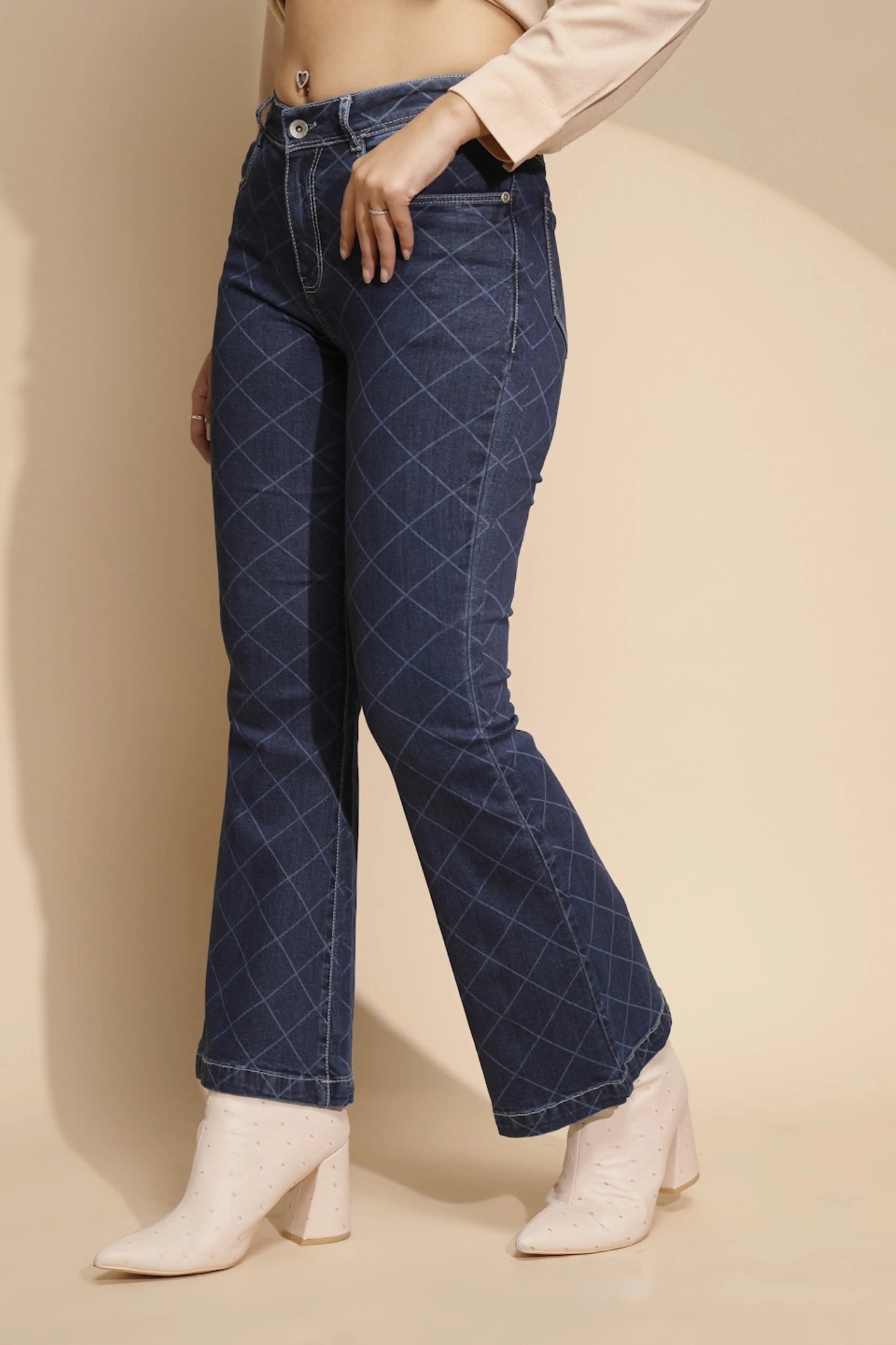 Blue Checkered Bootcut Jeans