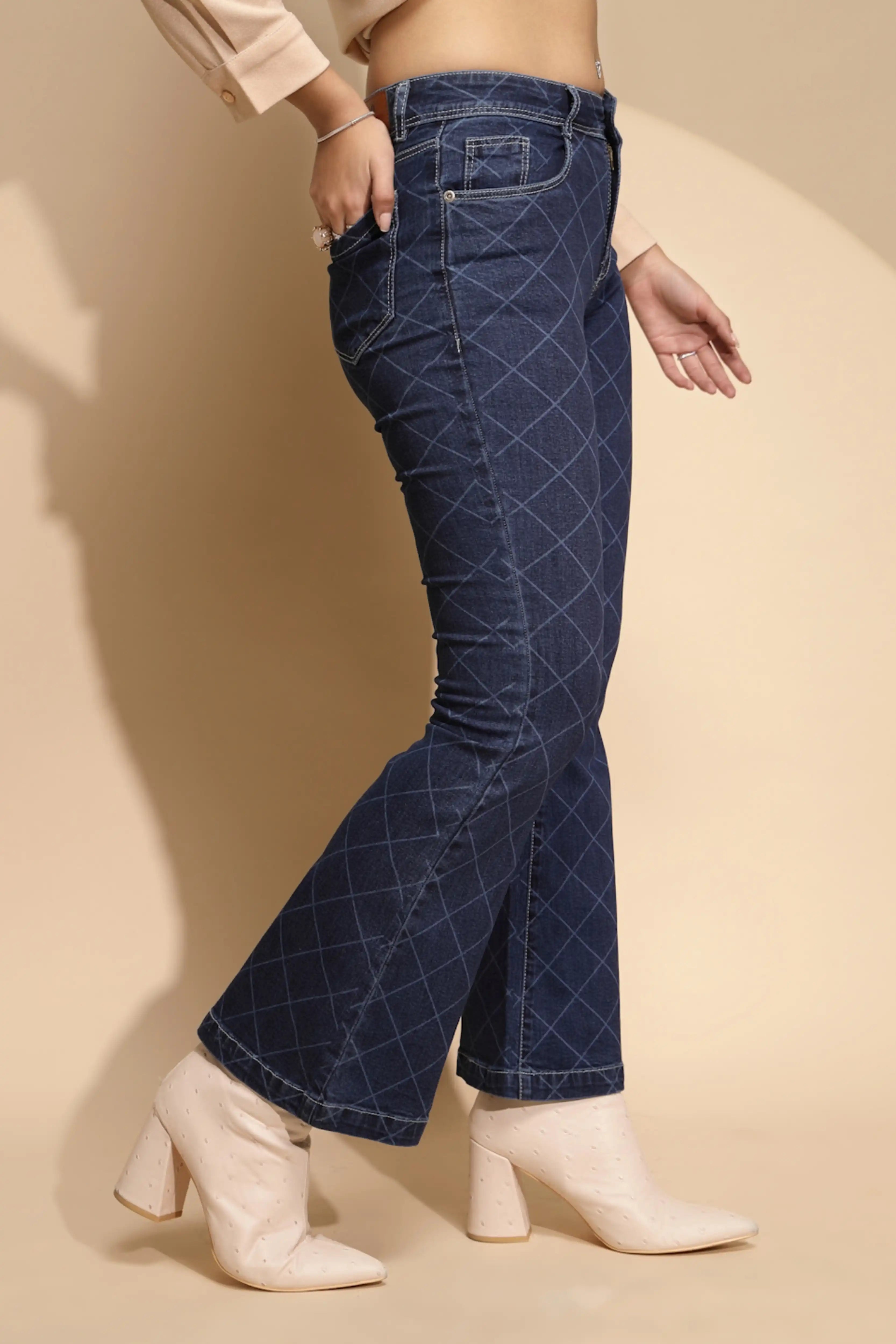 Blue Checkered Bootcut Jeans