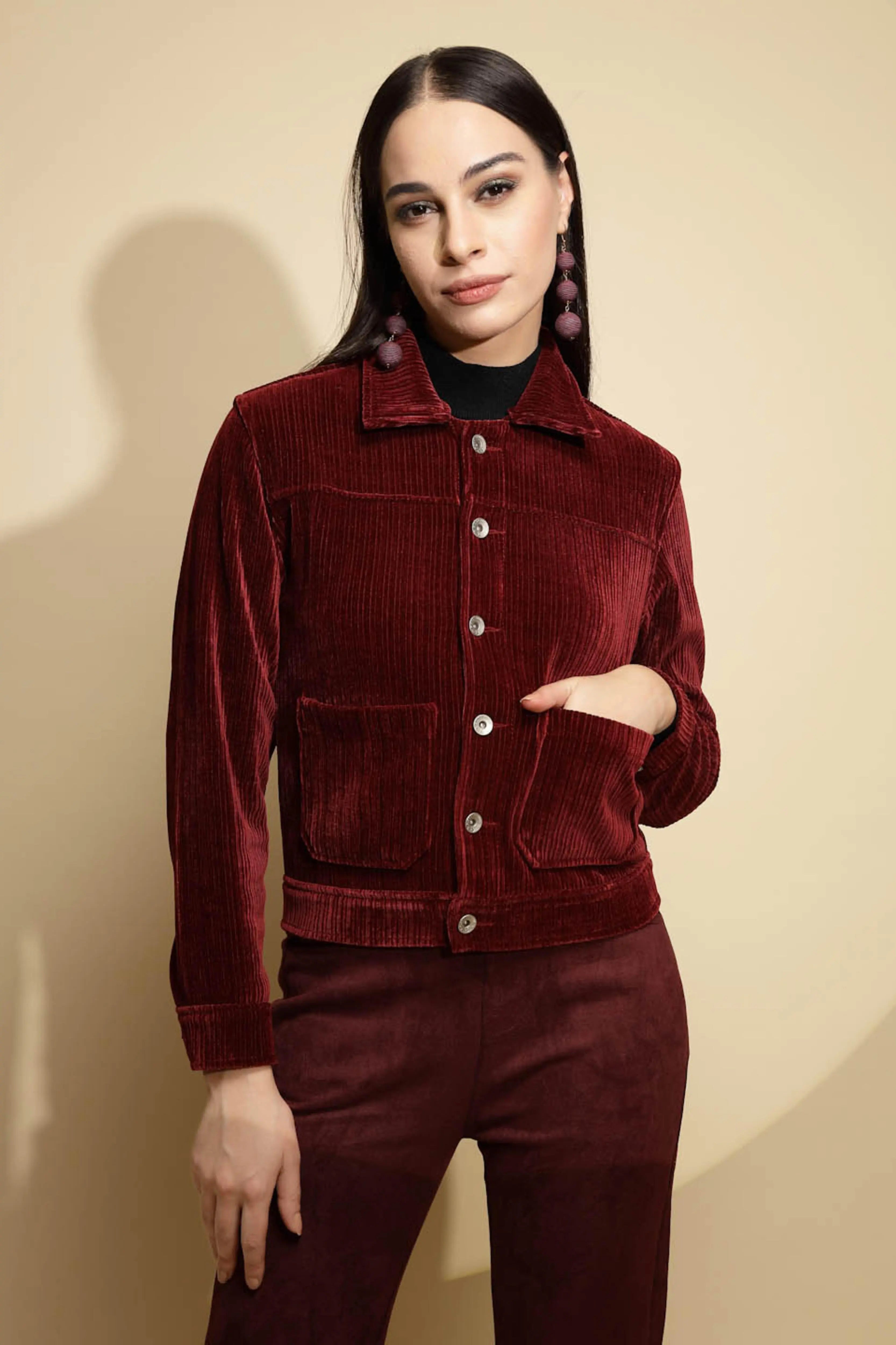 Maroon Solid Corduroy Suede Jacket - Global Republic