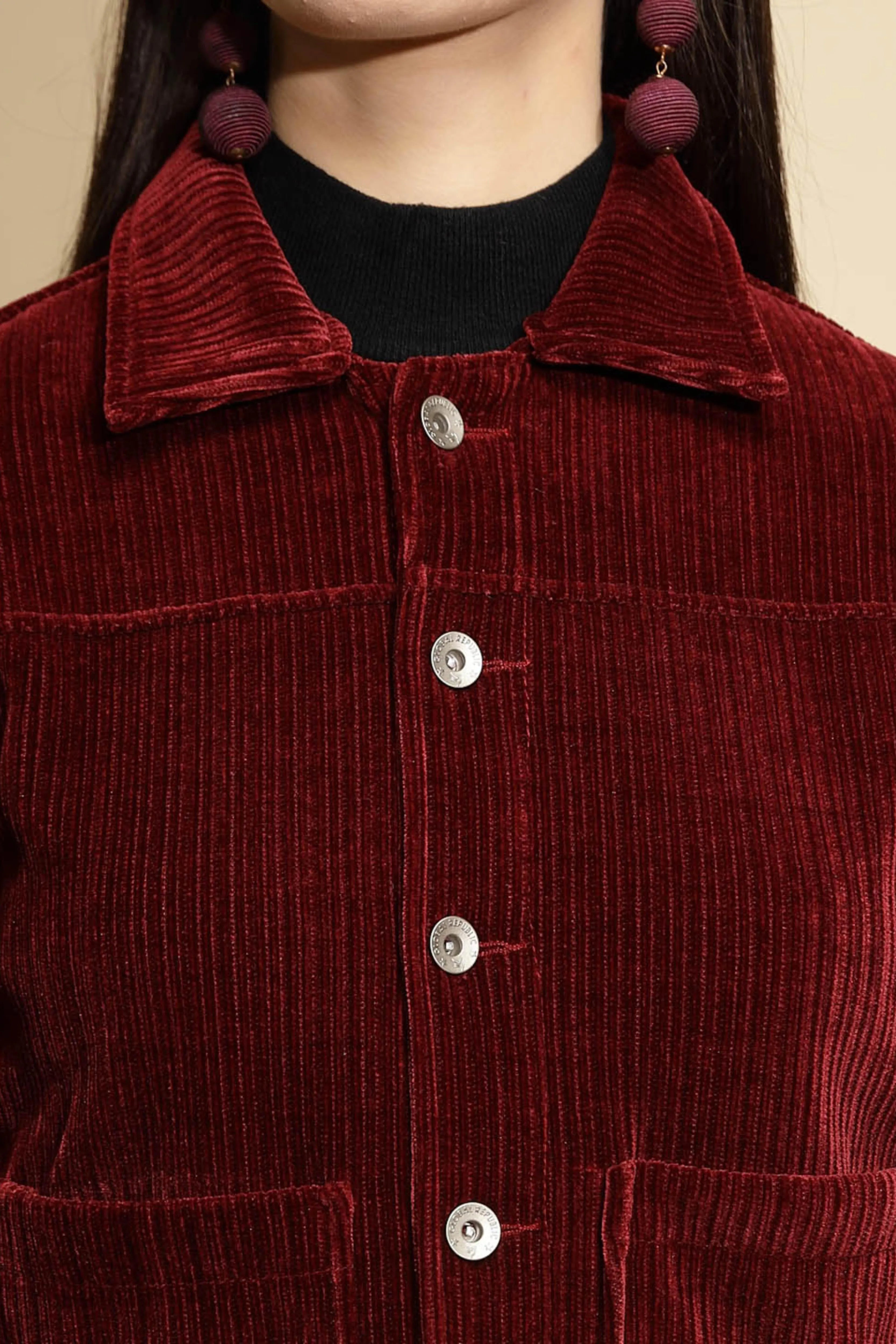 Maroon Solid Corduroy Suede Jacket - Global Republic