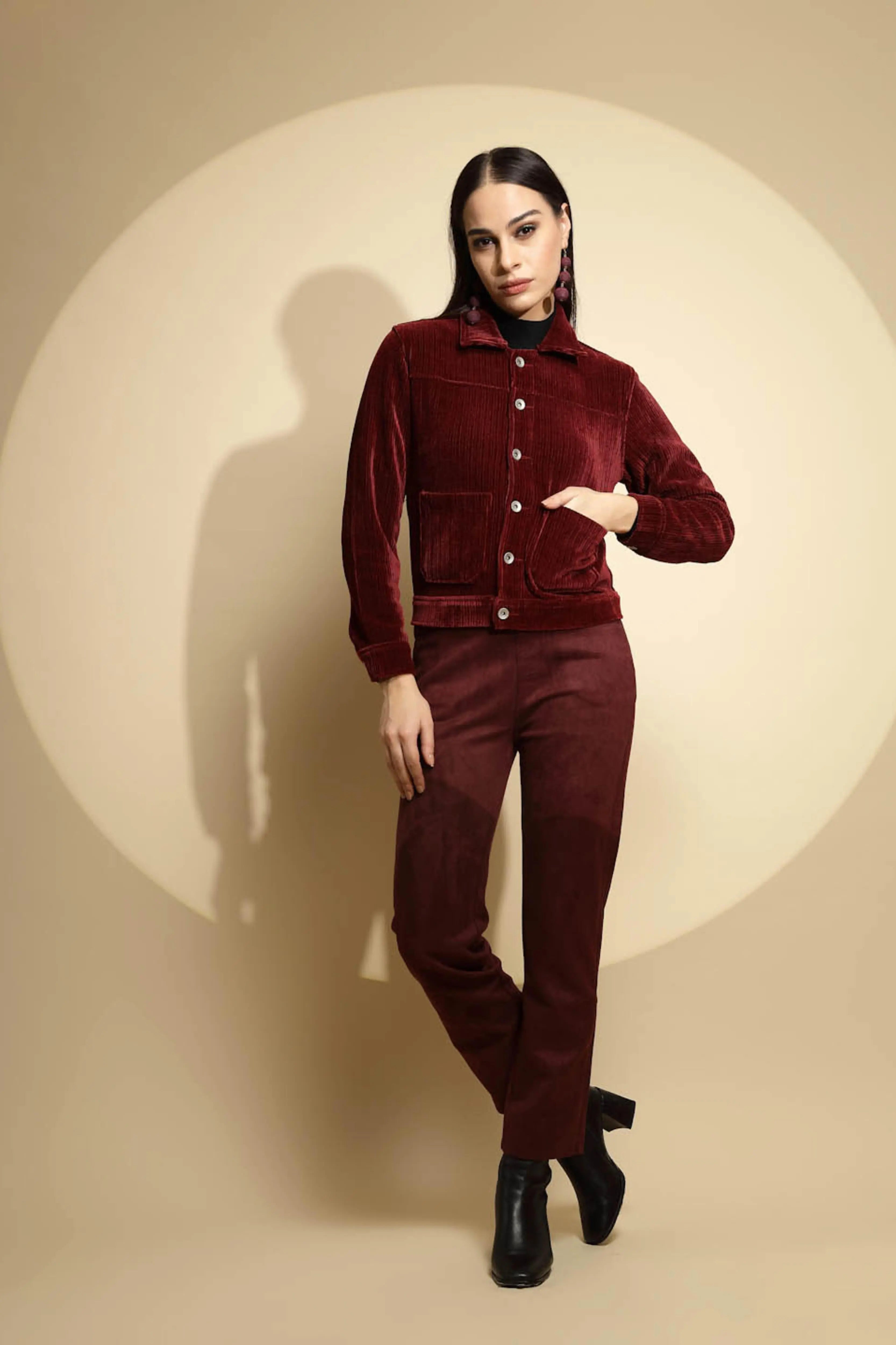 Maroon Solid Corduroy Suede Jacket - Global Republic