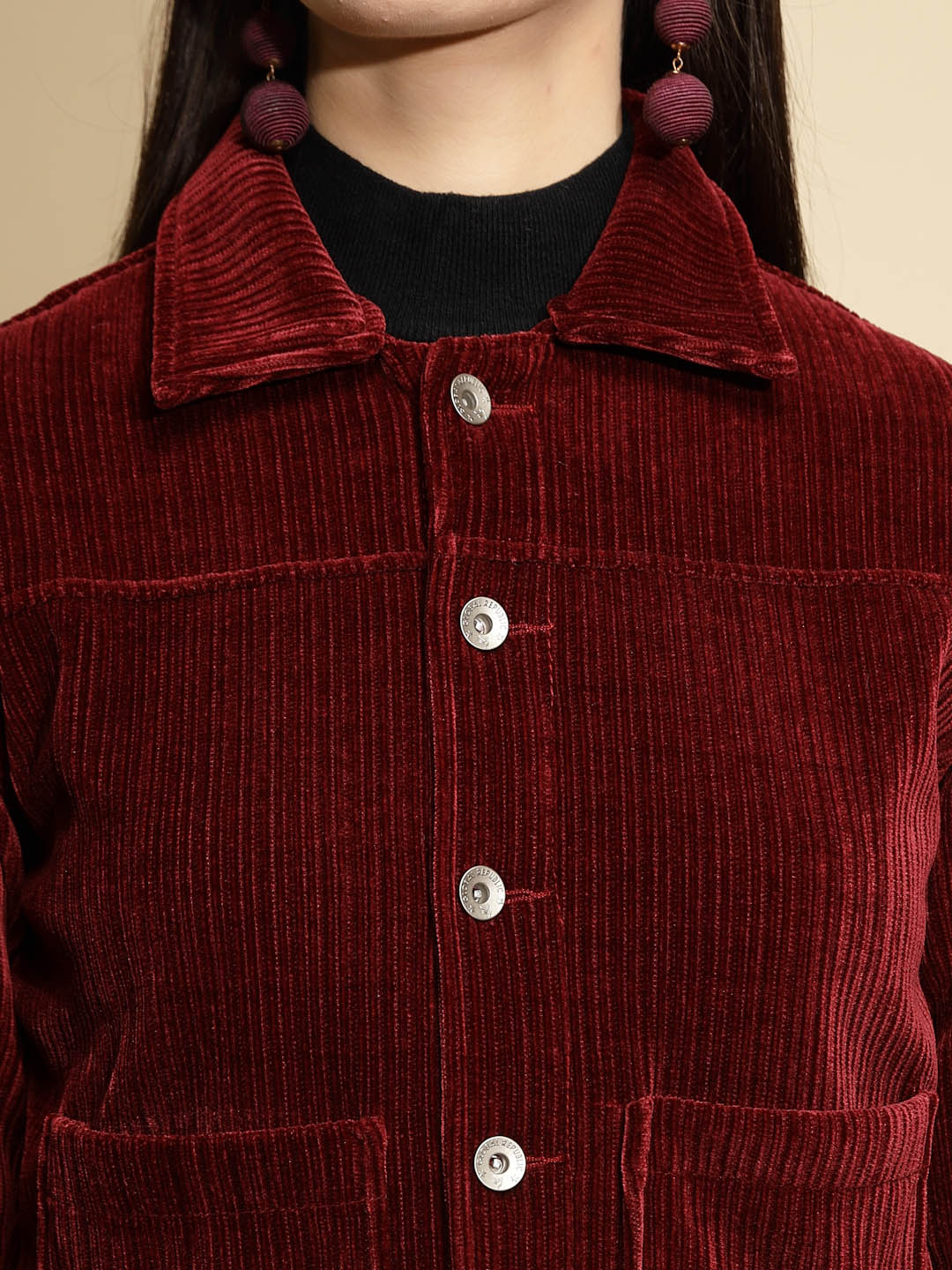 Maroon Solid Corduroy Suede Jacket - Global Republic
