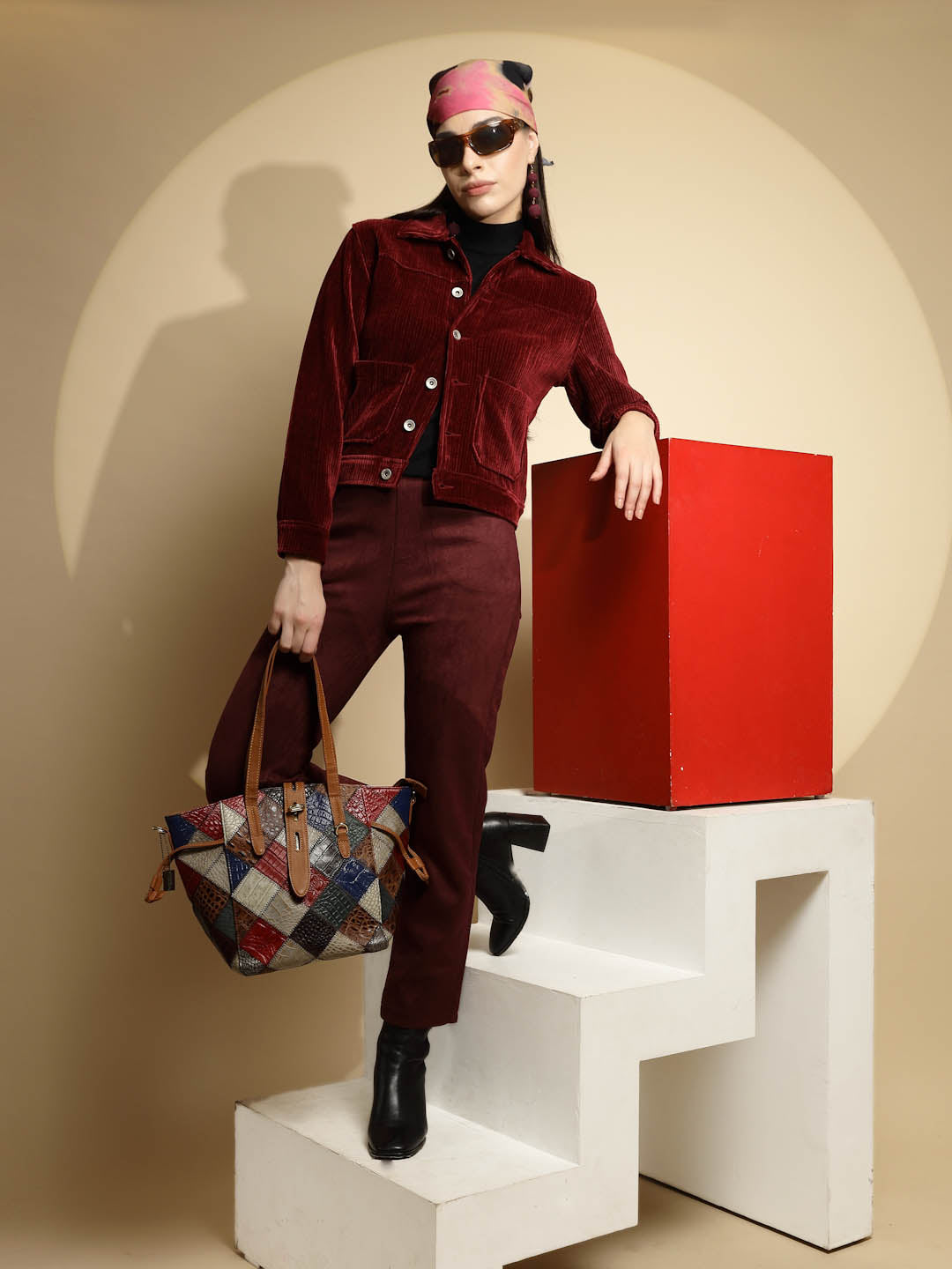 Maroon Solid Corduroy Suede Jacket - Global Republic